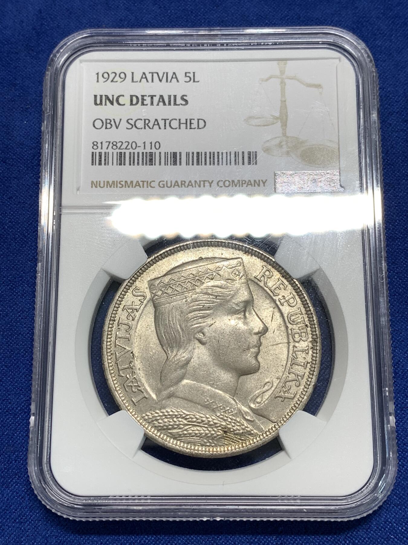 《竞宝斋》第295场- 周日，周一  2场连拍 （全场包邮） NGC UNCD 拉脱维亚1929年5L大银