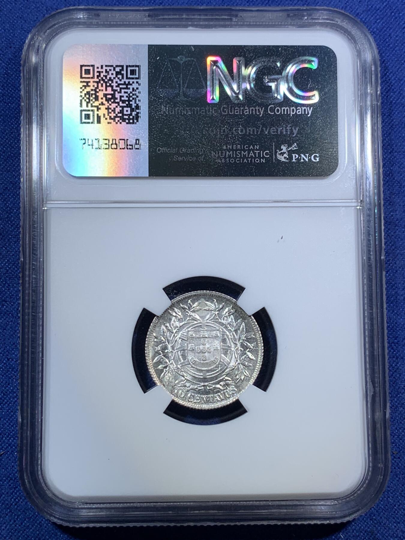 《竞宝斋》第295场- 周日，周一  2场连拍 （全场包邮） NGC MS64 葡萄牙1915年10C银币 少见面值高分