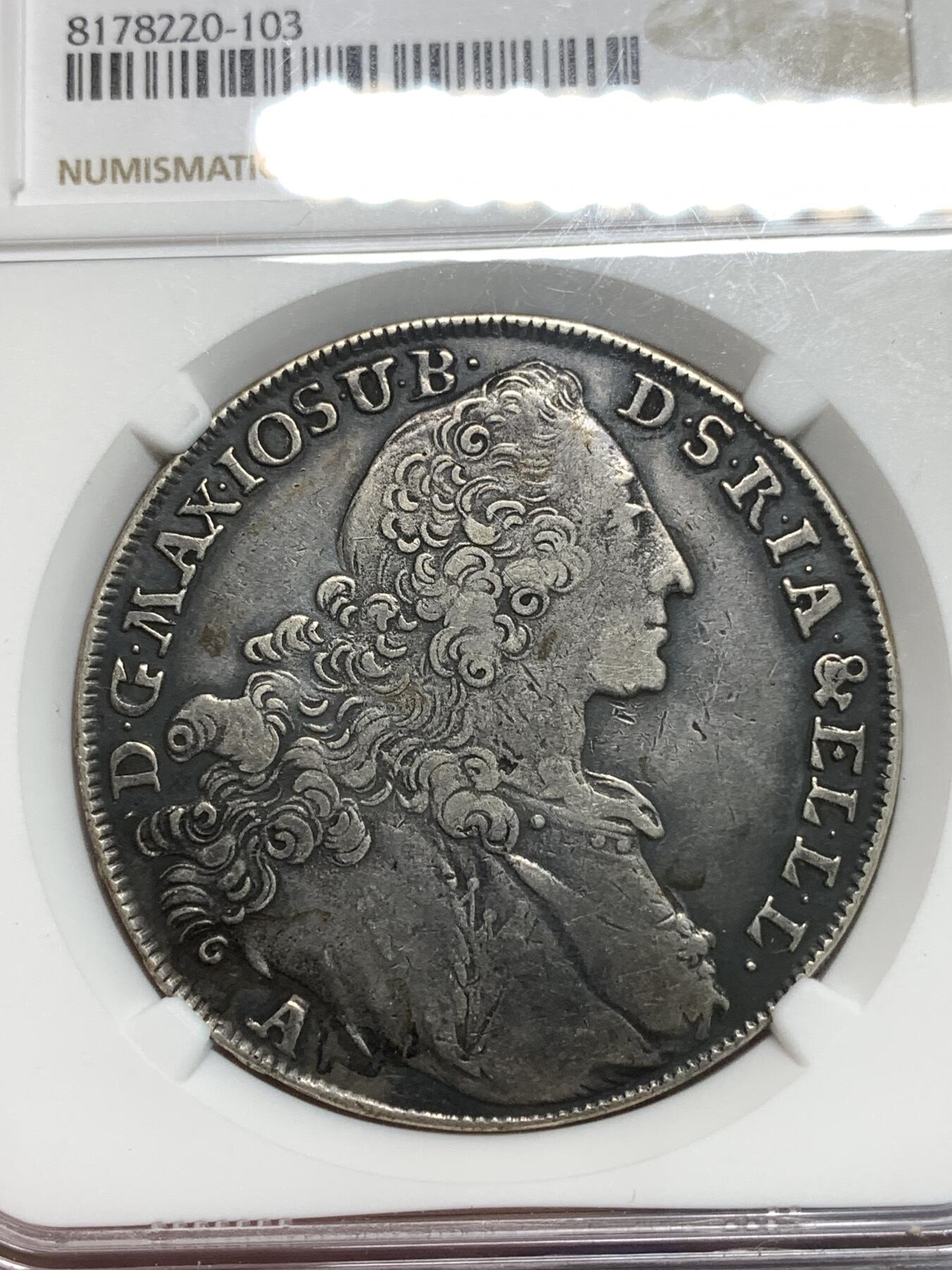 《竞宝斋》第295场- 周日，周一  2场连拍 （全场包邮） NGC XFD 德国巴伐利亚1770年马克西米利安圣母抱婴泰勒银币黑彩包浆