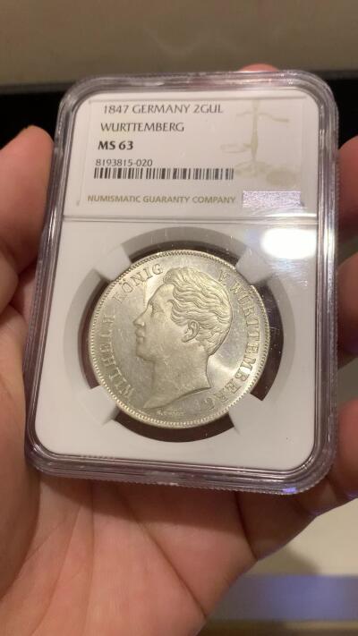 《竞宝斋》第295场- 周日，周一  2场连拍 （全场包邮） 唯一亚军分 NGC MS63 德国1847年符腾堡鹿狮2盾银币 转光狮子 顶级状态