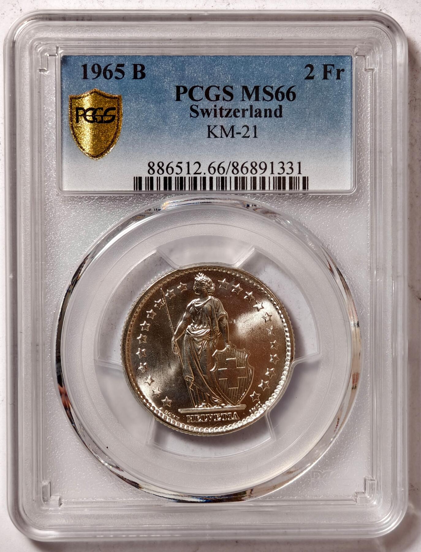 紫瑗钱币——第458期 瑞士 1965年 B版 赫尔维蒂亚 2法郎 银币 PCGS MS66