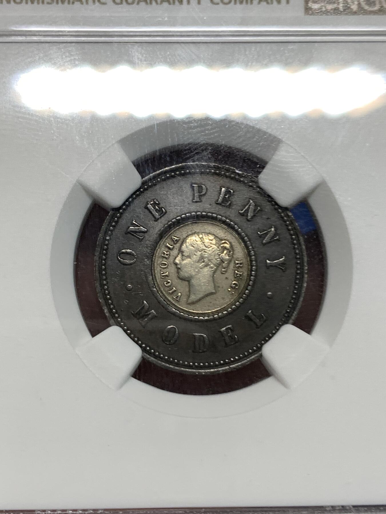 《竞宝斋》第295场- 周日，周一  2场连拍 （全场包邮） NGC AU55 英国1844年维多利亚便士双色铜代币 底板镜面，巧克力包浆