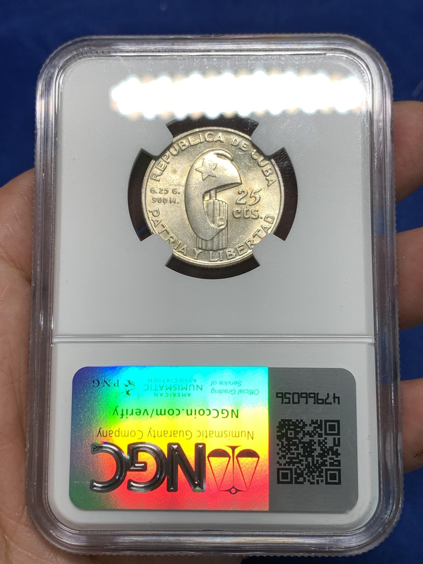 《竞宝斋》第295场- 周日，周一  2场连拍 （全场包邮） NGC MS64 古巴1953年何塞马丁百年纪念25分银币