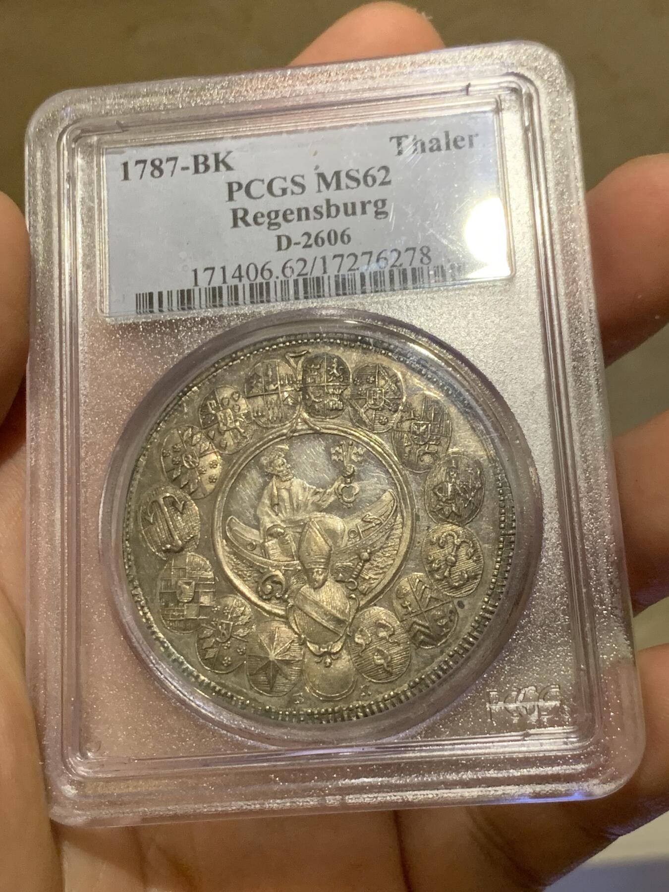 《竞宝斋》第295场- 周日，周一  2场连拍 （全场包邮） PCGS MS62 德国1787-BK雷根斯堡主教区泰勒 银币 细节惊人 值得收藏