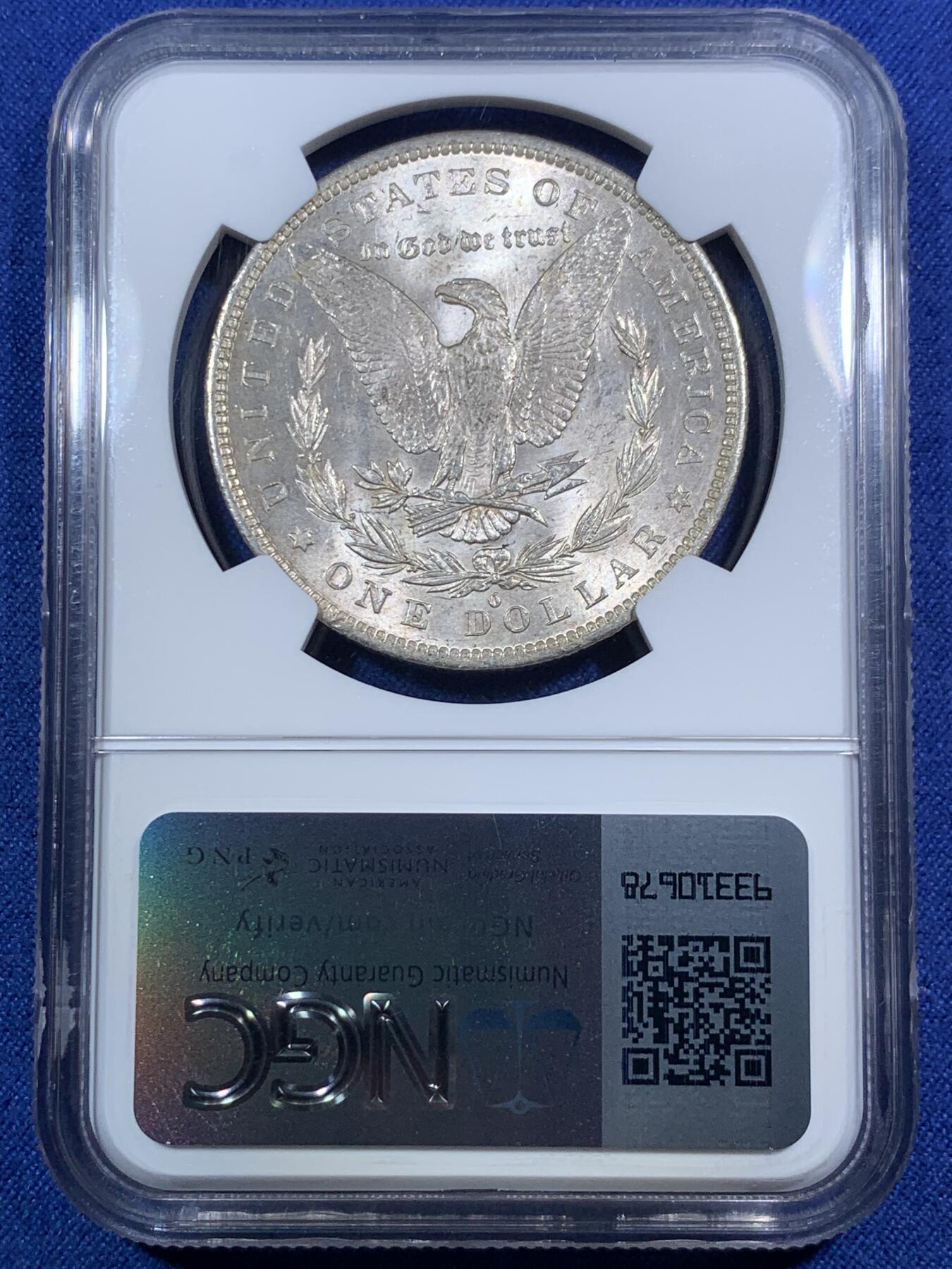 《竞宝斋》第295场- 周日，周一  2场连拍 （全场包邮） NGC MS63 美国1883年O版摩根银币 黄油包浆 光度十足  正面小环彩