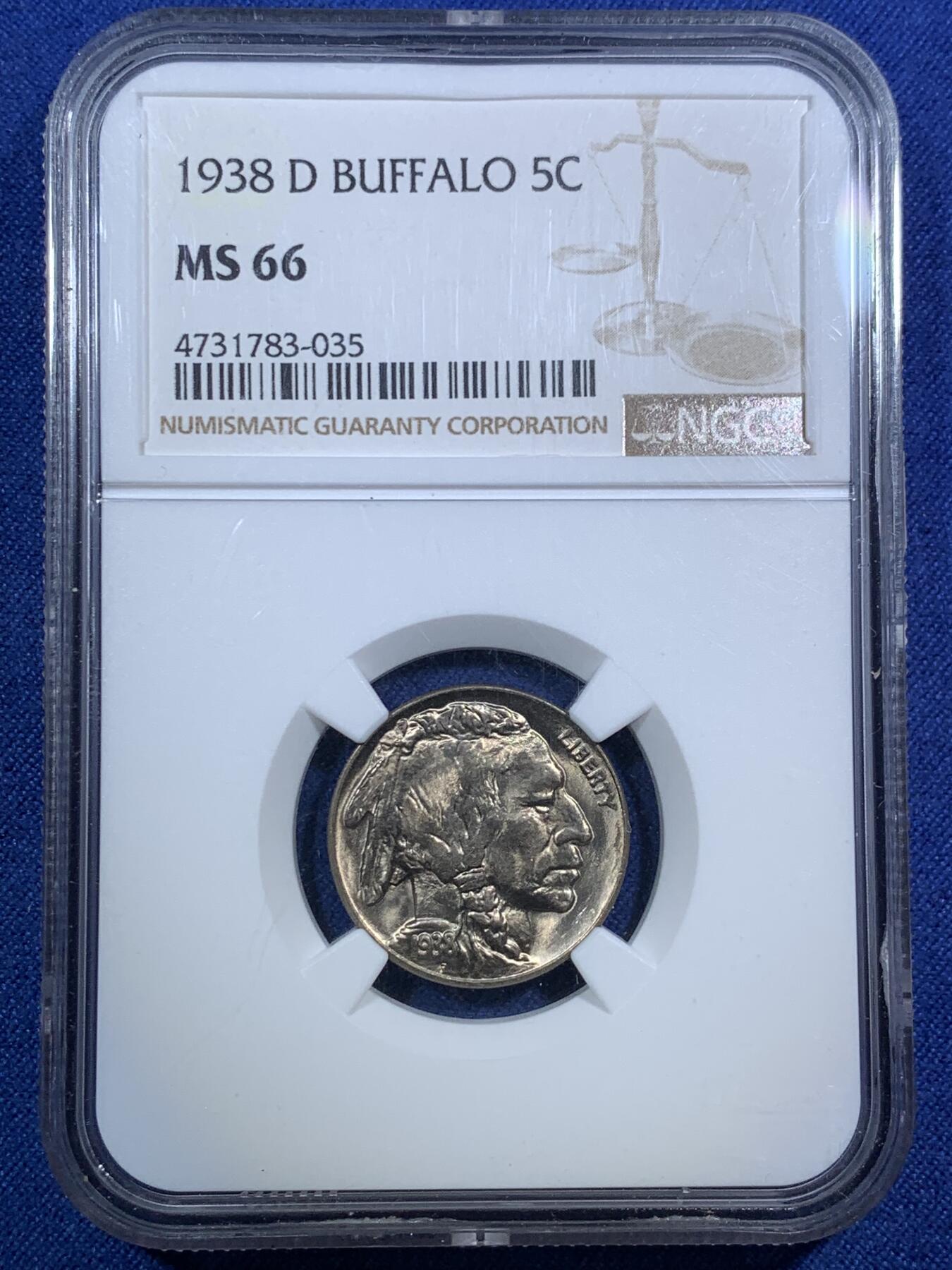 《竞宝斋》第295场- 周日，周一  2场连拍 （全场包邮） NGC MS66 美国 1938D年印第安人头水牛5分镍币 前凸后翘