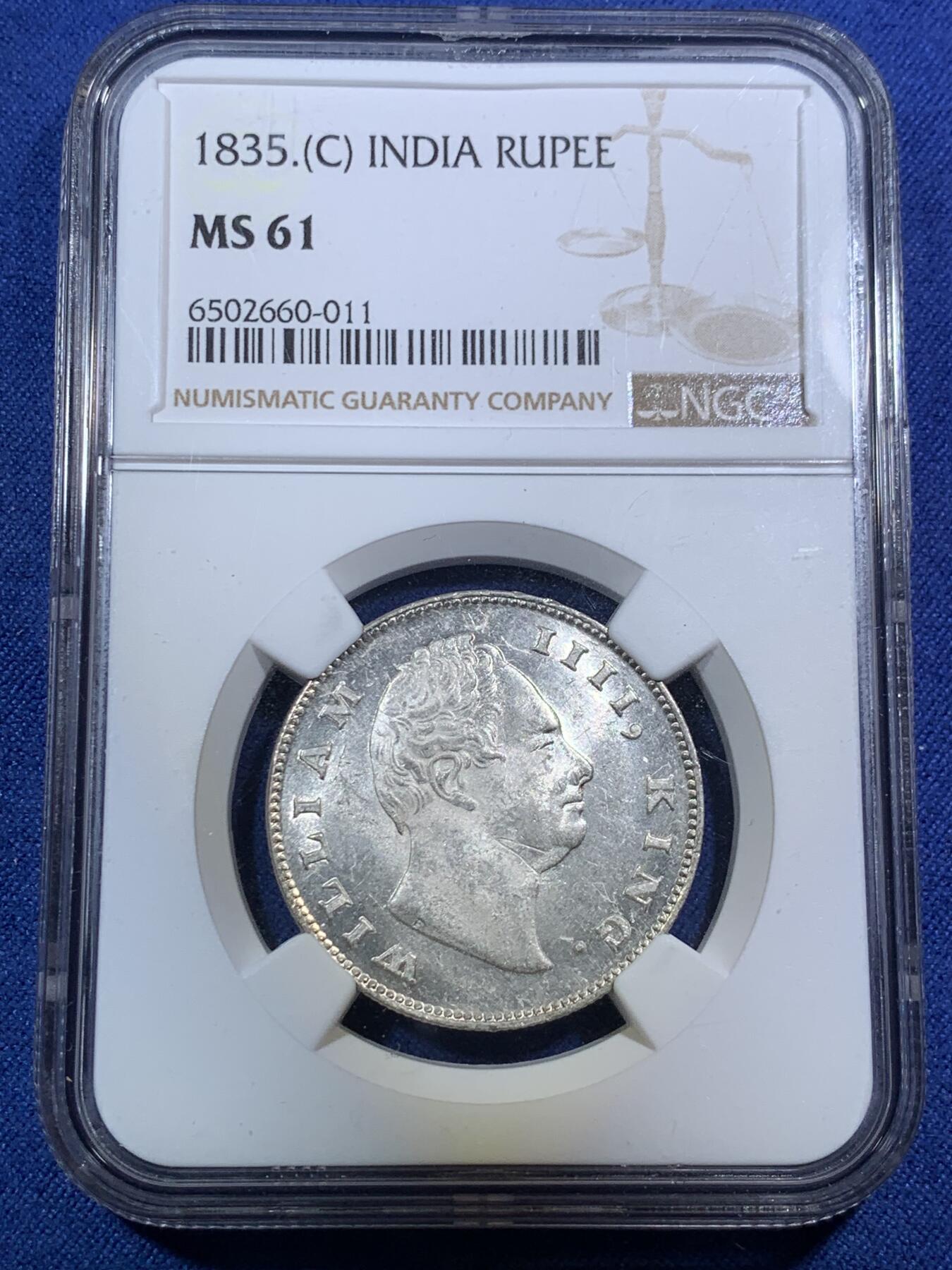 《竞宝斋》第295场- 周日，周一  2场连拍 （全场包邮） NGC MS61 印度 1835年 威四1卢比 原色银光