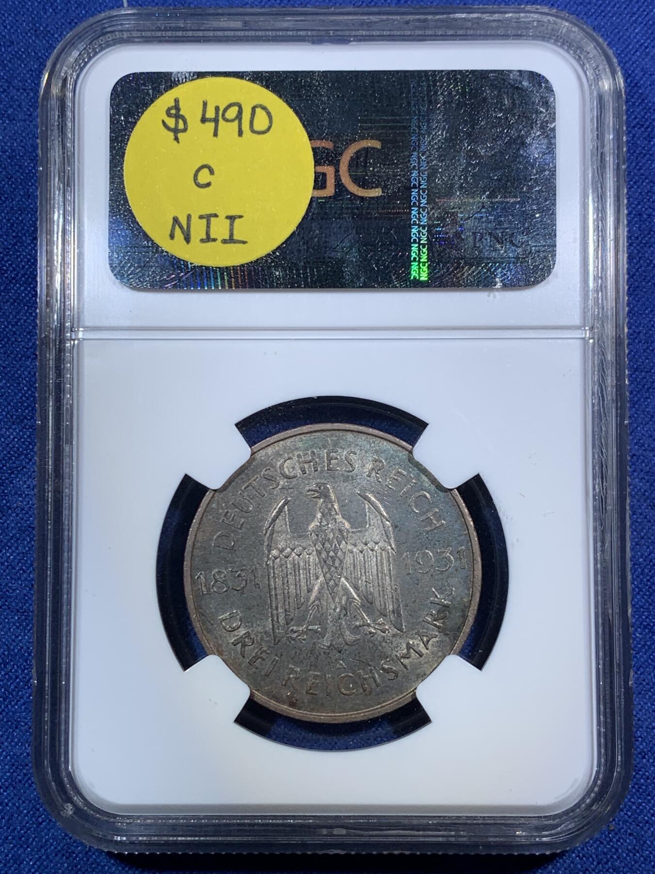 《竞宝斋》第295场- 周日，周一  2场连拍 （全场包邮） NGC MS64 魏玛德国1931年A版斯坦因3马克银币少见