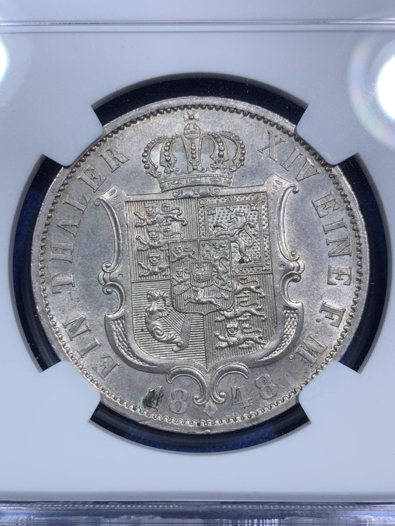 《竞宝斋》第295场- 周日，周一  2场连拍 （全场包邮） NGC MS63 德国 汉诺威 1848年 奥古斯特邦徽 泰勒银币 细节高点清晰 63分难得