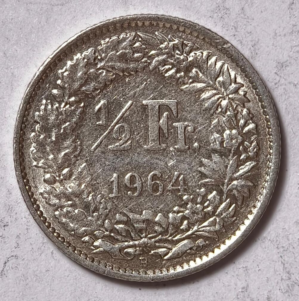 紫瑗钱币——第418期 瑞士 1964年 B版 赫尔维蒂女神 1/2法郎 2.5克 0.835银