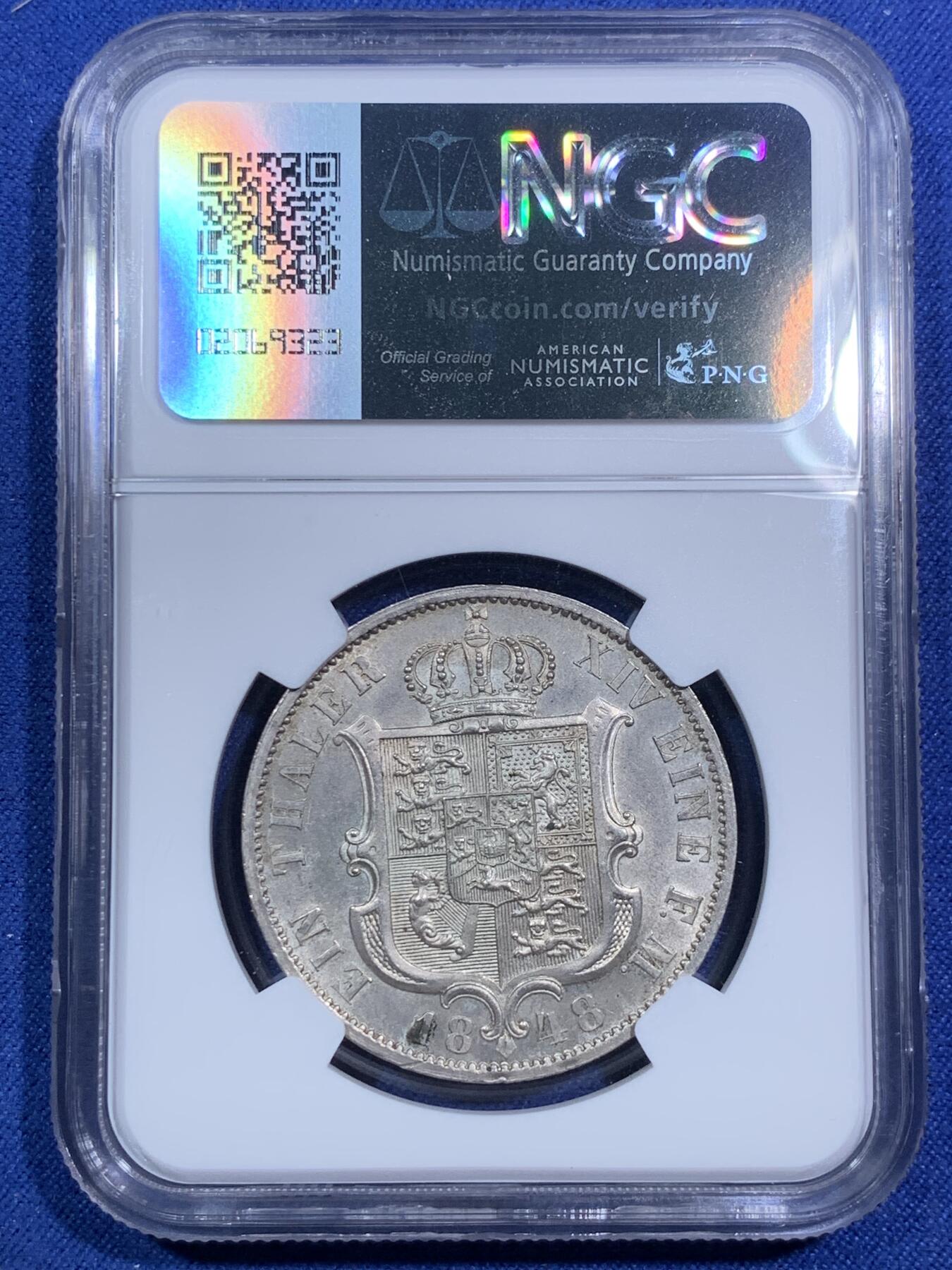 《竞宝斋》第295场- 周日，周一  2场连拍 （全场包邮） NGC MS63 德国 汉诺威 1848年 奥古斯特邦徽 泰勒银币 细节高点清晰 63分难得