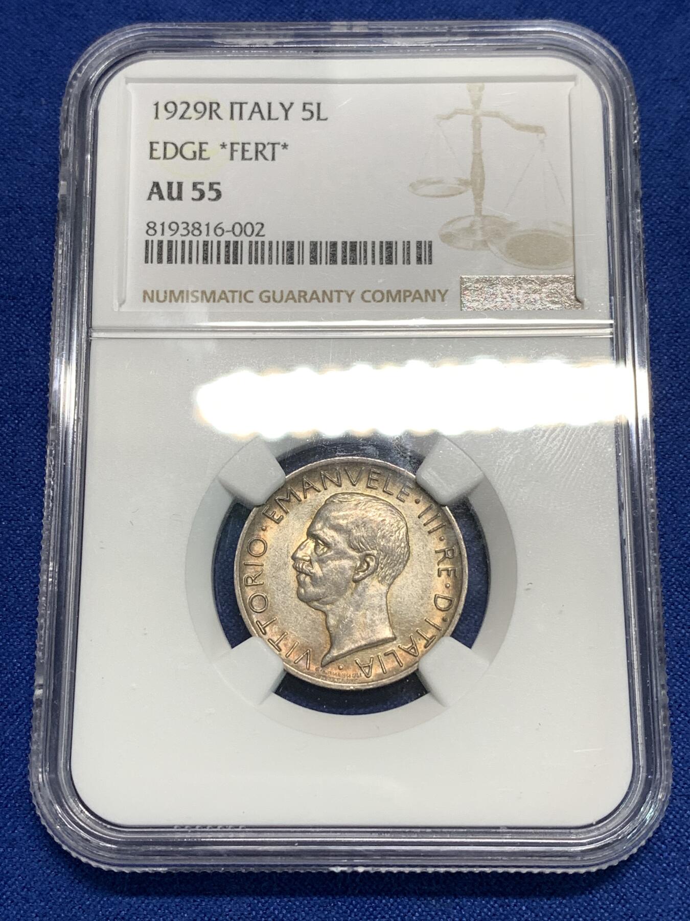 《竞宝斋》第295场- 周日，周一  2场连拍 （全场包邮） NGC AU55 意大利1929年5里拉老鹰银币