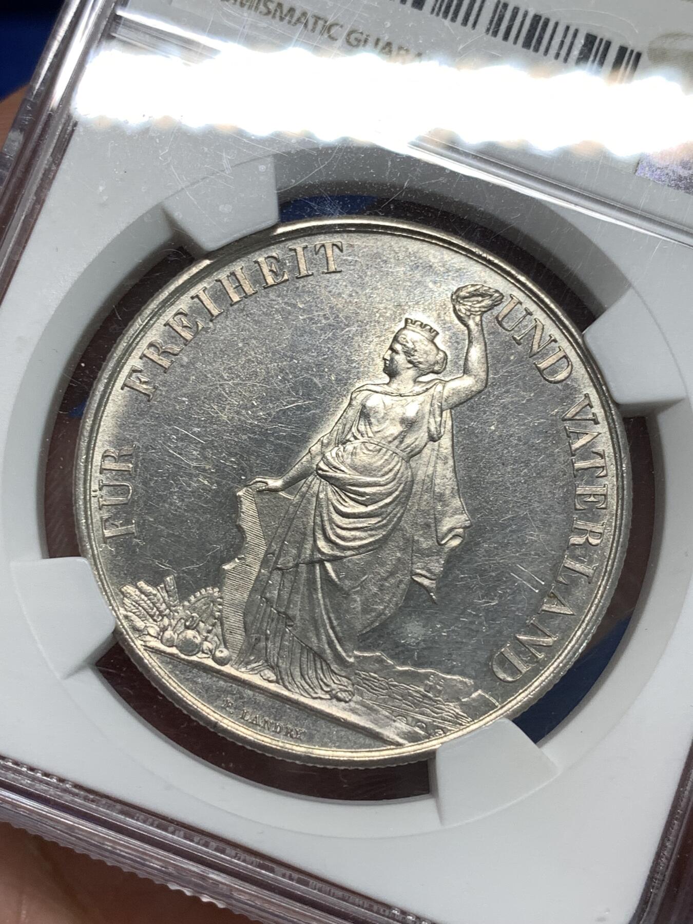 《竞宝斋》第295场- 周日，周一  2场连拍 （全场包邮） NGC UNCD 瑞士1872年苏黎世射击节 5法郎大银币