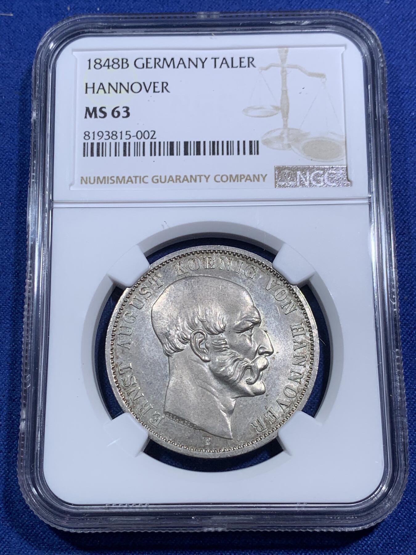 《竞宝斋》第295场- 周日，周一  2场连拍 （全场包邮） NGC MS63 德国 汉诺威 1848年 奥古斯特邦徽 泰勒银币 细节高点清晰 63分难得