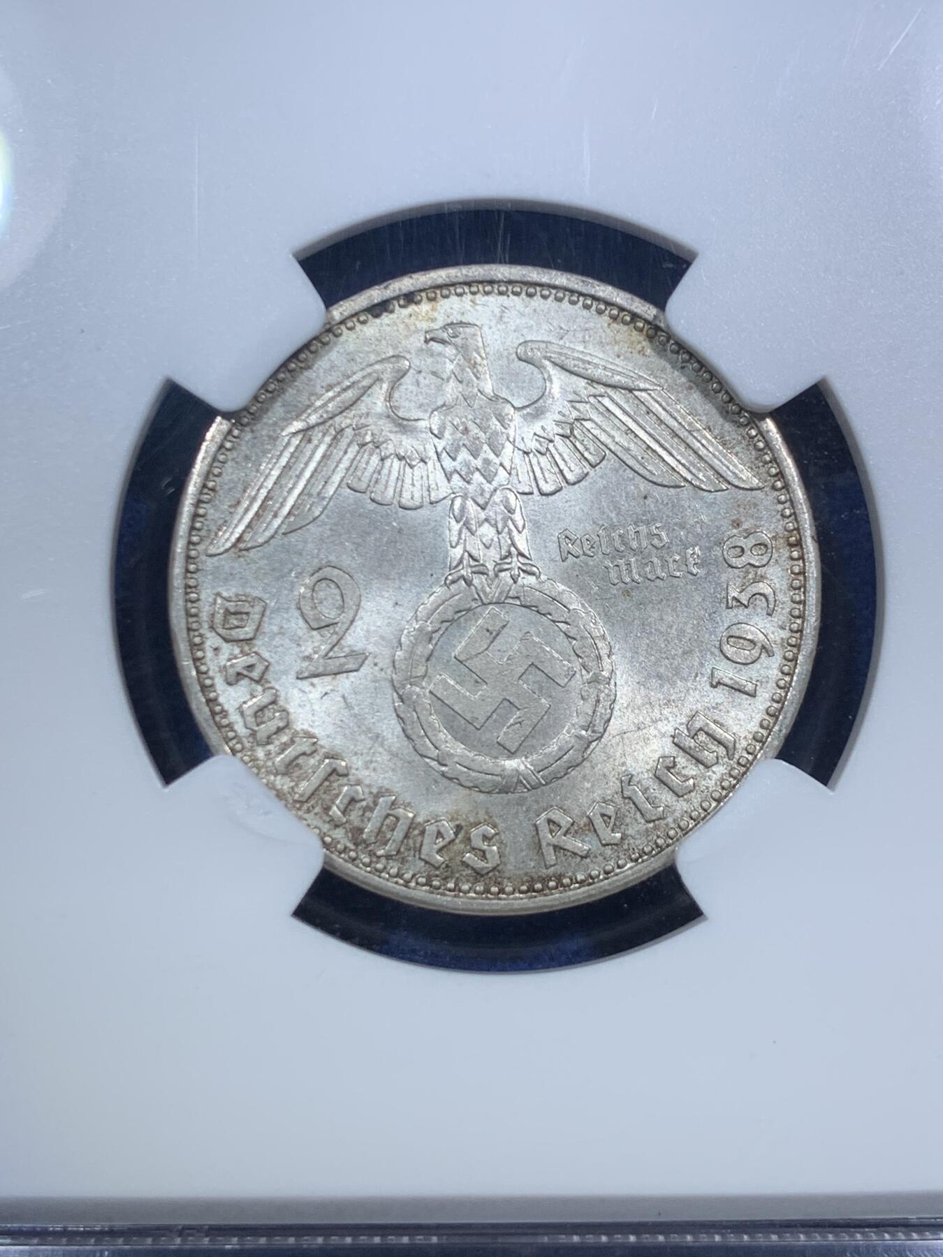 《竞宝斋》第295场- 周日，周一  2场连拍 （全场包邮） NGC MS63 德国1938年A版兴登堡2马克银币 淡灰色包浆