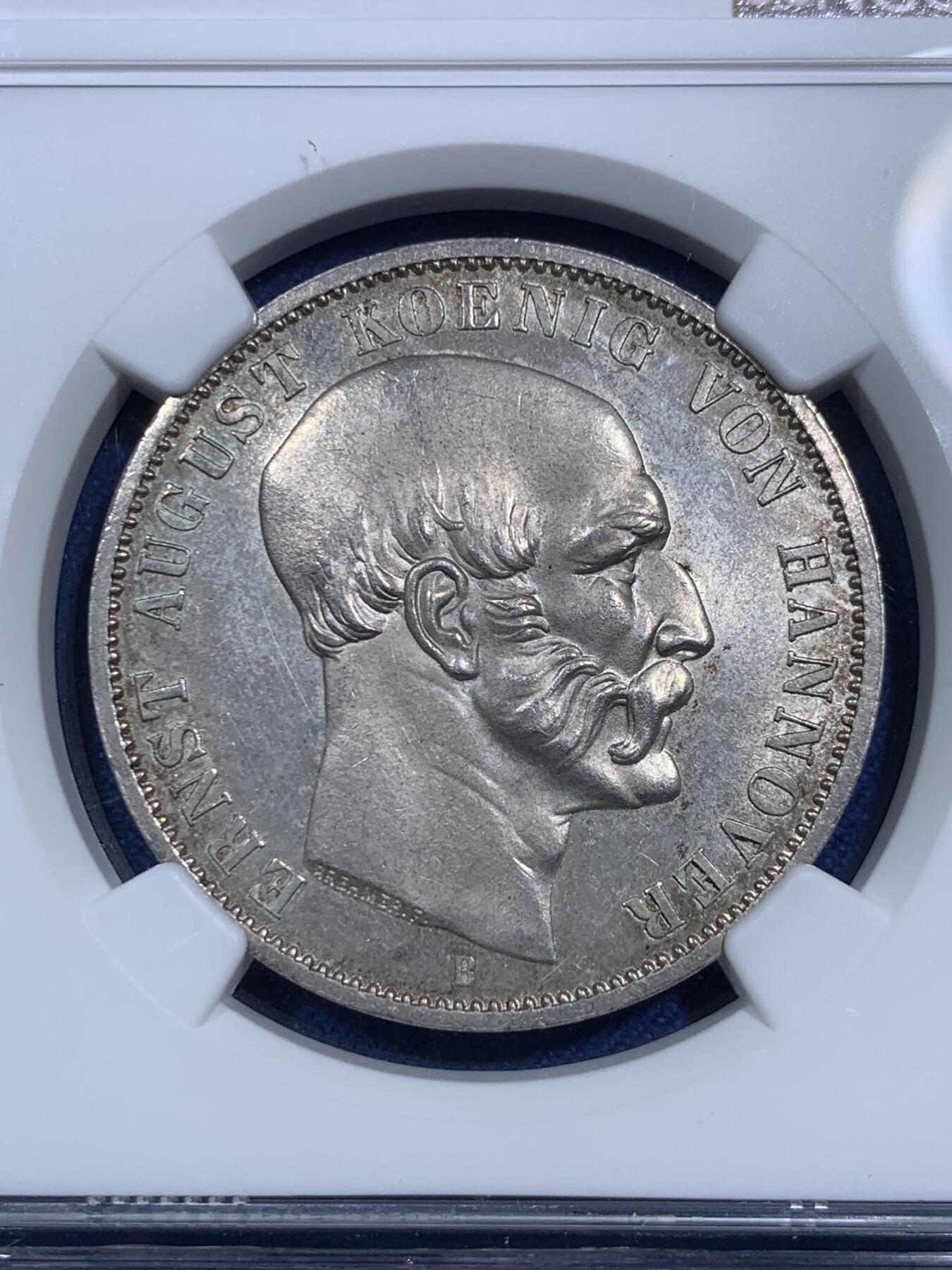 《竞宝斋》第295场- 周日，周一  2场连拍 （全场包邮） NGC MS63 德国 汉诺威 1848年 奥古斯特邦徽 泰勒银币 细节高点清晰 63分难得