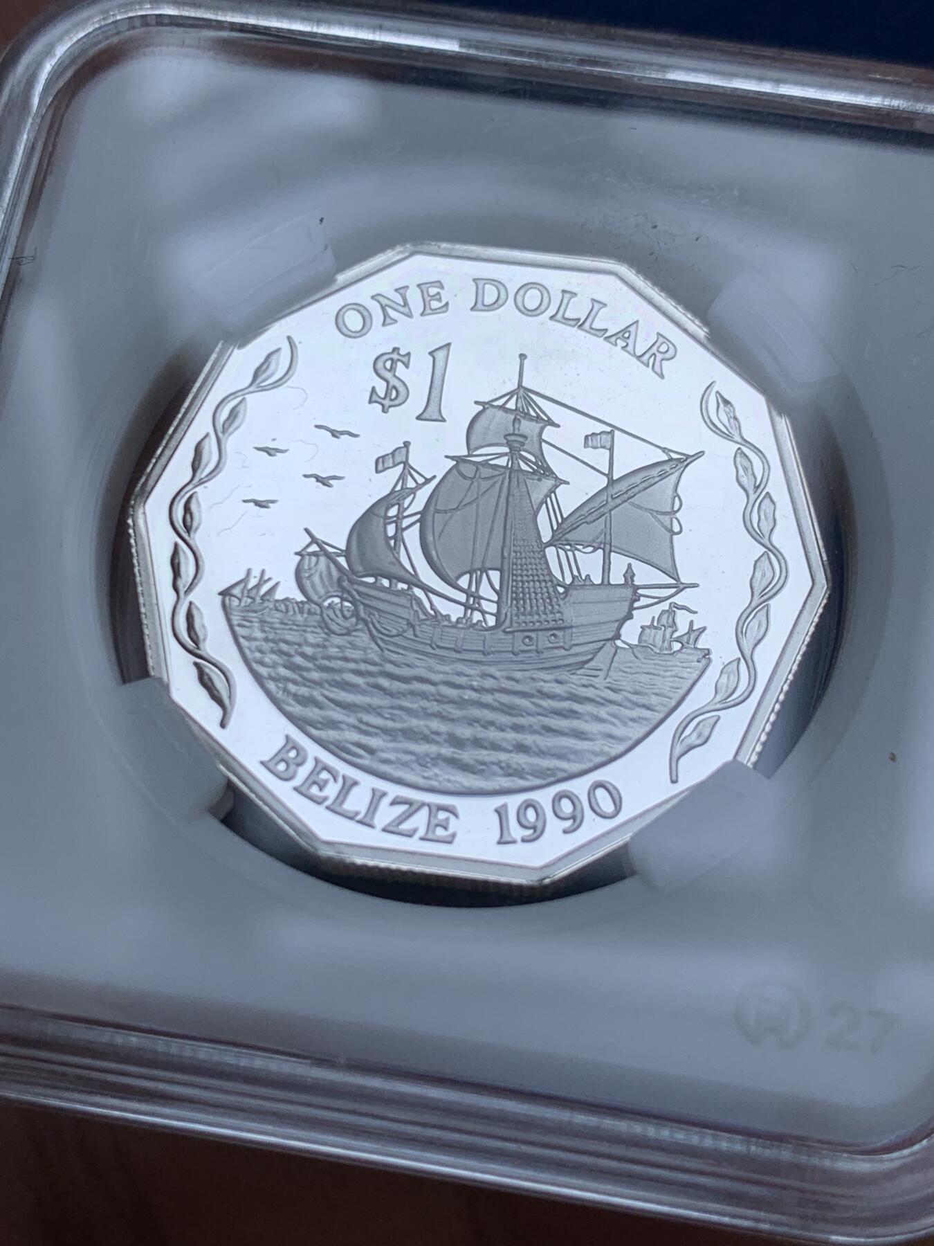 《竞宝斋》第295场- 周日，周一  2场连拍 （全场包邮） 伯利兹1990年1元硬币精制银版  十边形  币面非常干净  帆船主题  富兰克林造币厂铸造 非常少见