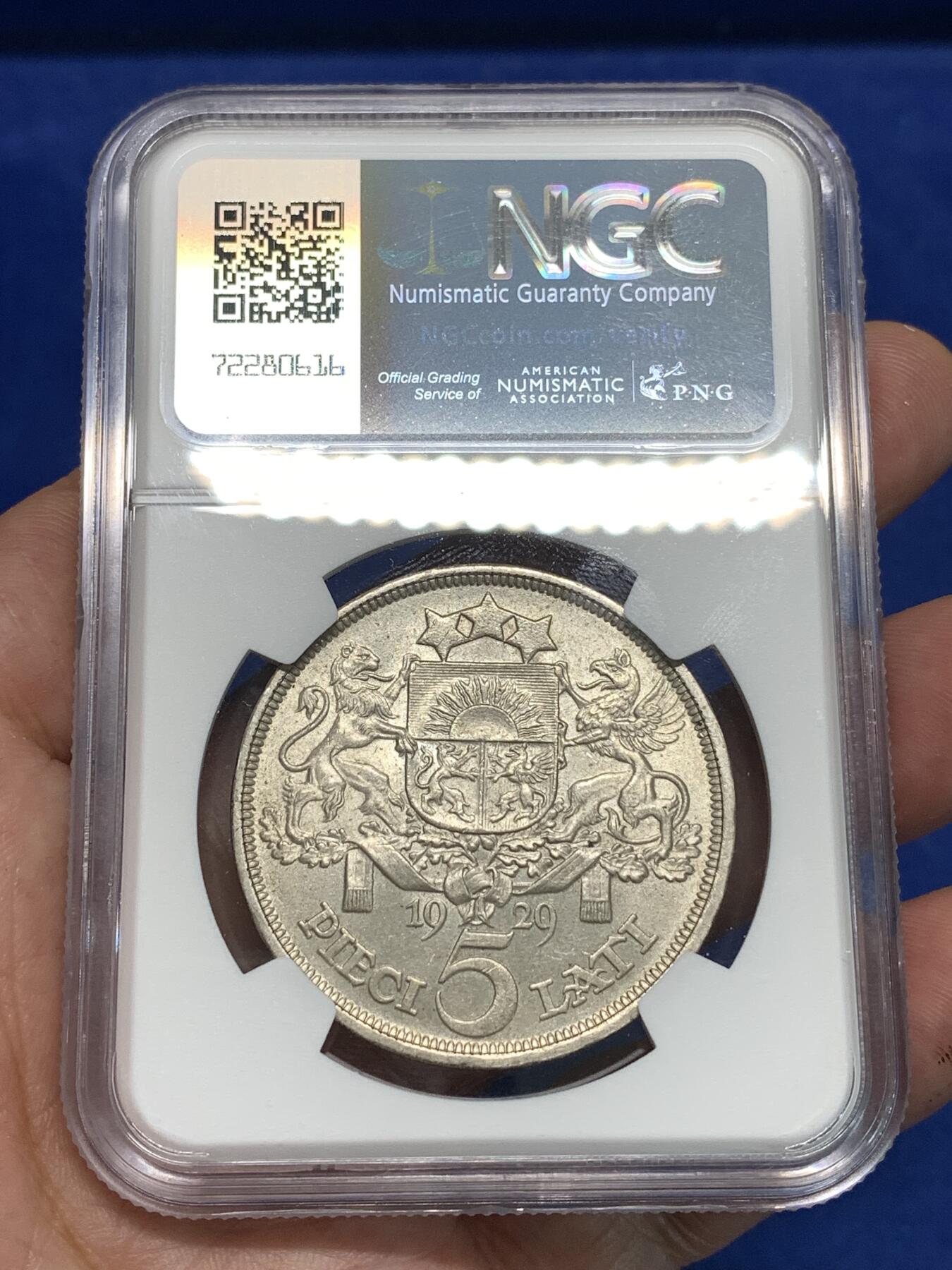 《竞宝斋》第295场- 周日，周一  2场连拍 （全场包邮） NGC UNCD 拉脱维亚1929年5L大银