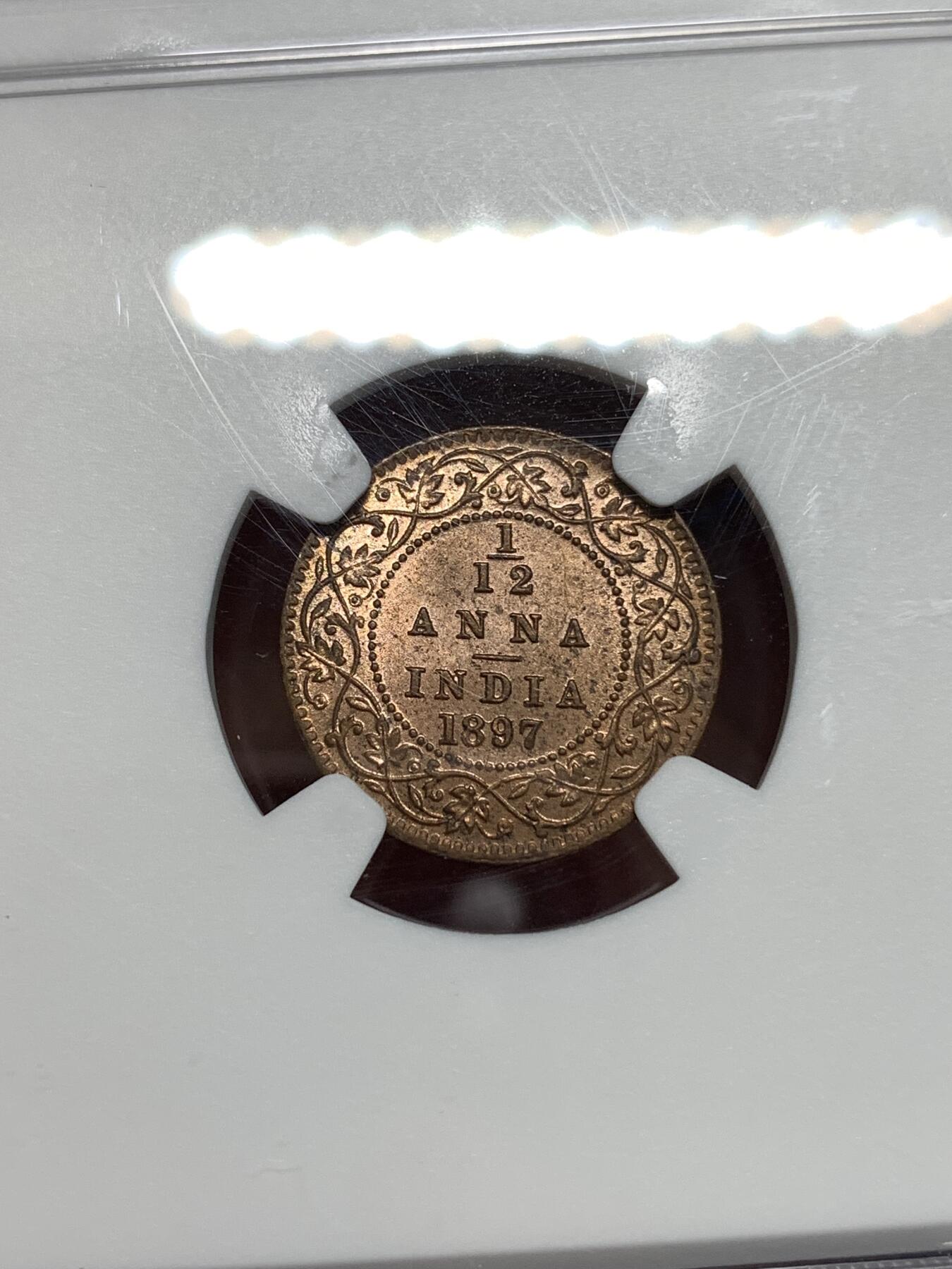 《竞宝斋》第295场- 周日，周一  2场连拍 （全场包邮） NGC MS63RB 印度1897-C版1/12安娜铜币 很舒服的原铜光