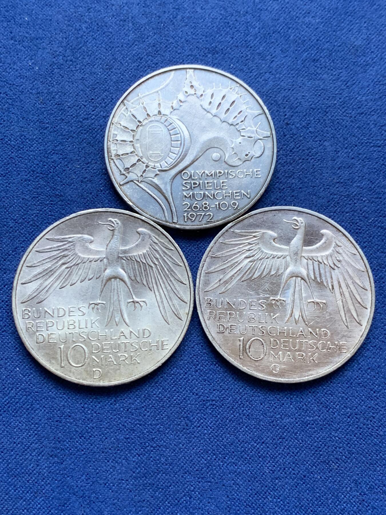 《竞宝斋》第295场- 周日，周一  2场连拍 （全场包邮） 3枚一组 德国1972年10马克银币 不同厂别