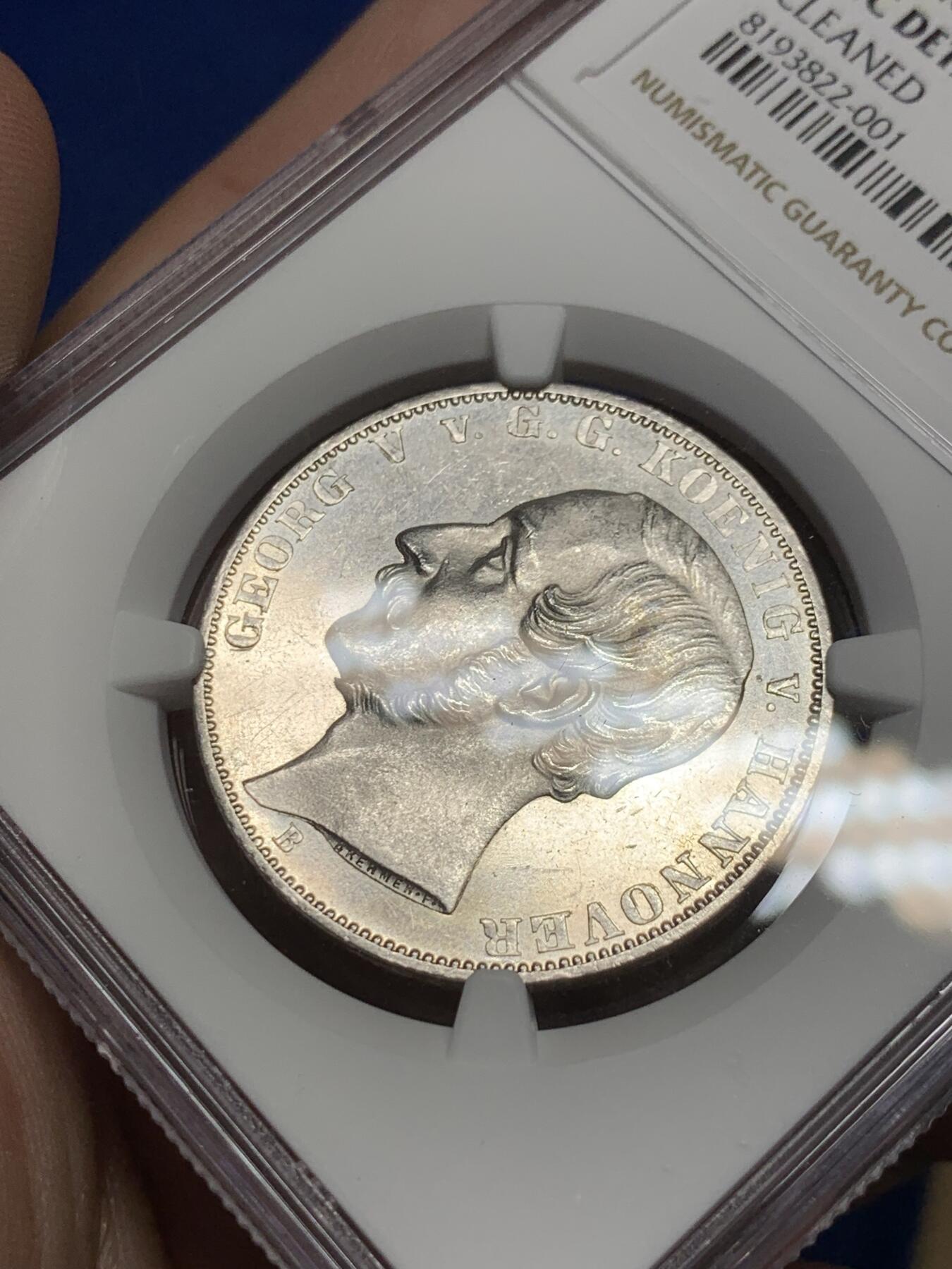 《竞宝斋》第295场- 周日，周一  2场连拍 （全场包邮） NGC UNC 德国 1864B 汉诺威 狮马泰勒银币 PL底板 可藏