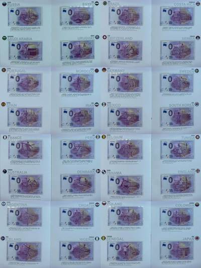 2024第29场（总第181期）：外钞、连体钞、测试钞、纪念券综合场 - 豹子号/全同号XERU005333 “2018世界杯足球赛”0欧元全套32枚世界足球32强参赛国纪念钞册装UNC