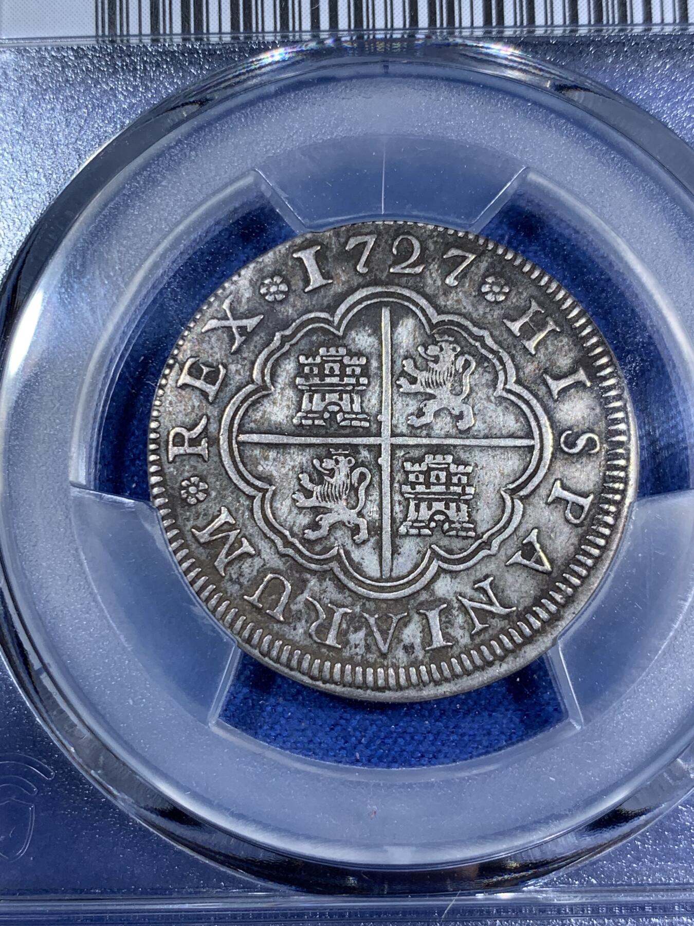 《竞宝斋》第295场- 周日，周一  2场连拍 （全场包邮） PCGS XF 西班牙 1727F 费五 本土 2里亚尔 银币原味包浆 少见