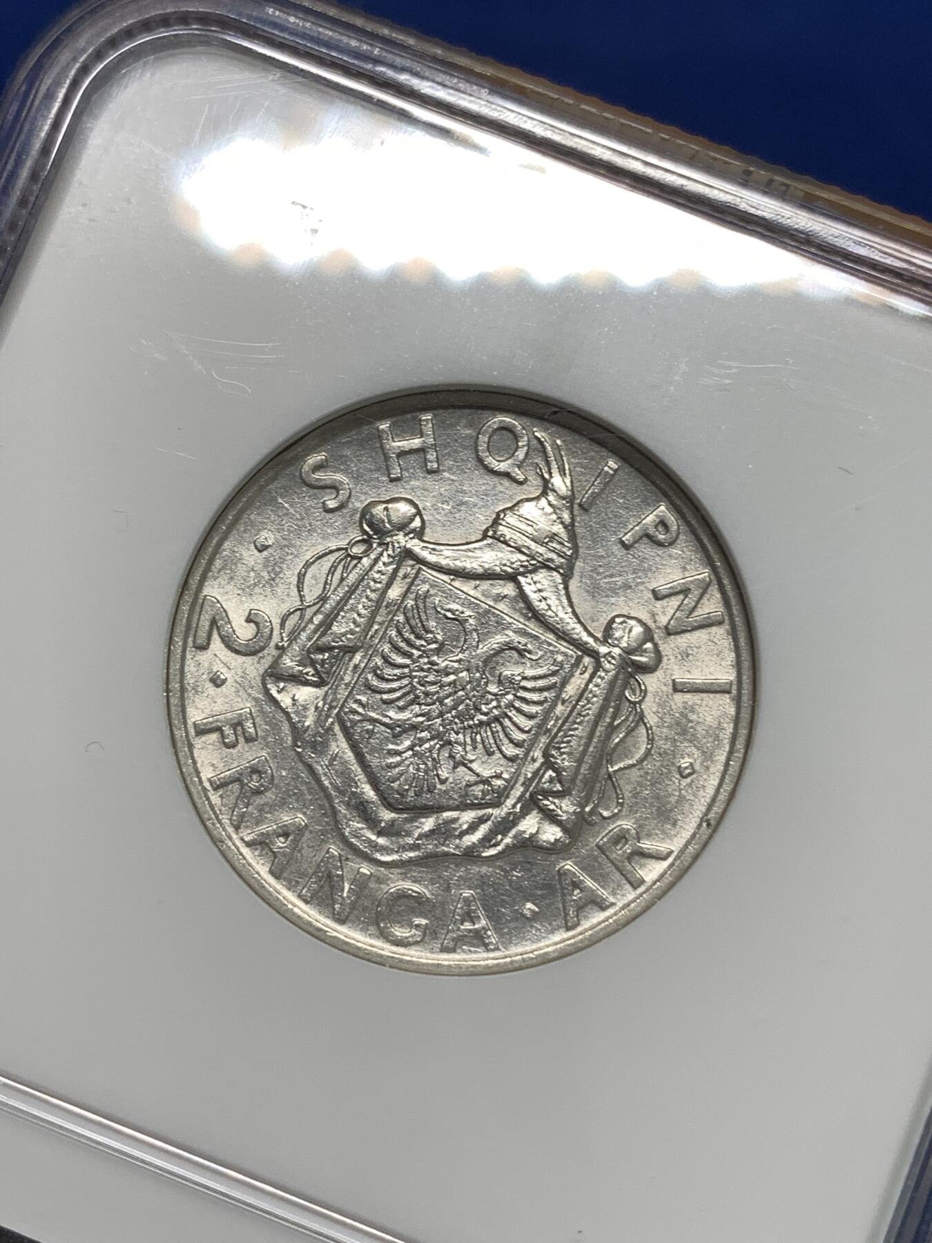 《竞宝斋》第295场- 周日，周一  2场连拍 （全场包邮） NGC AU55 好品阿尔巴尼亚1935年2法郎流通银币