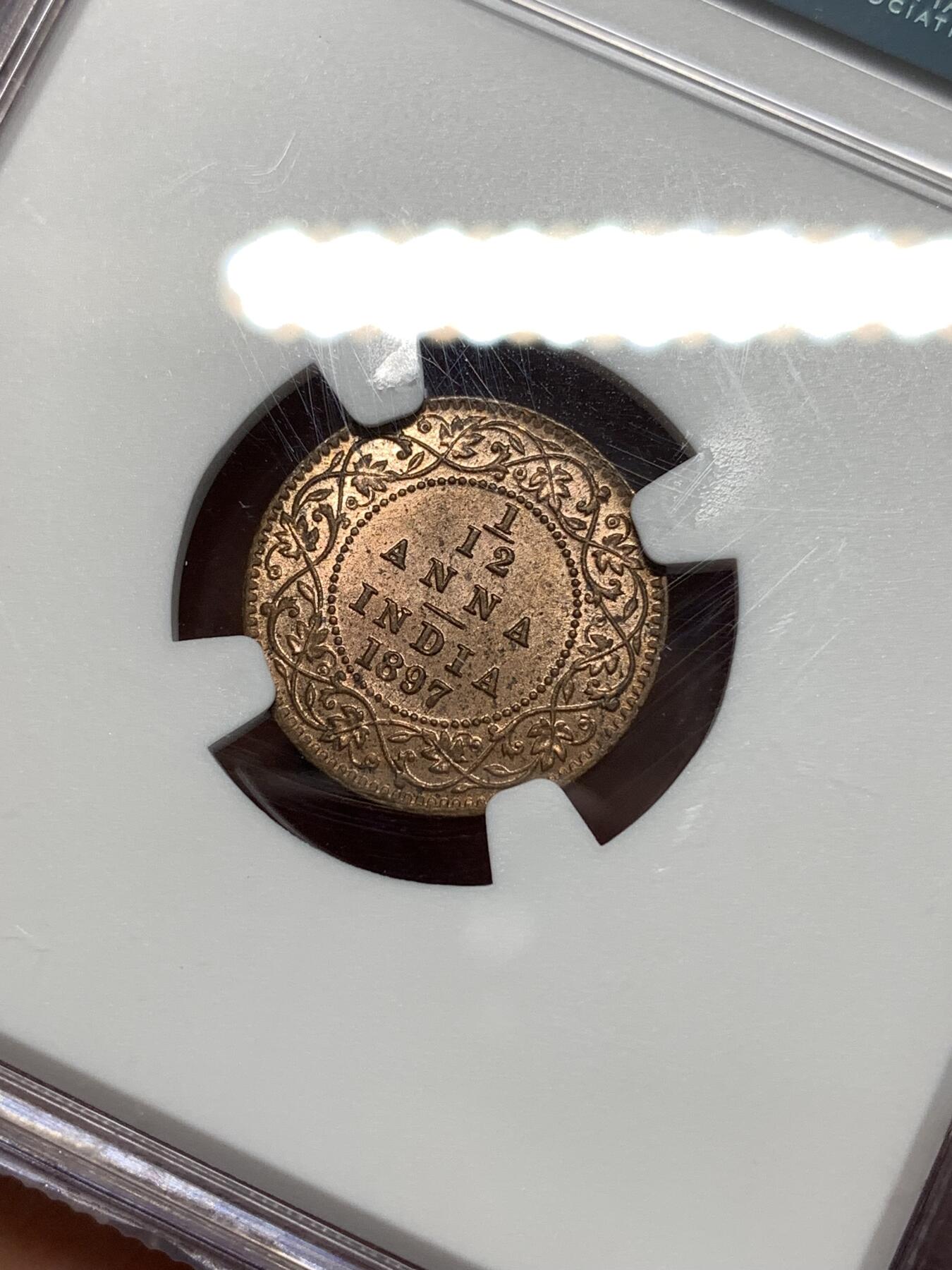 《竞宝斋》第295场- 周日，周一  2场连拍 （全场包邮） NGC MS63RB 印度1897-C版1/12安娜铜币 很舒服的原铜光