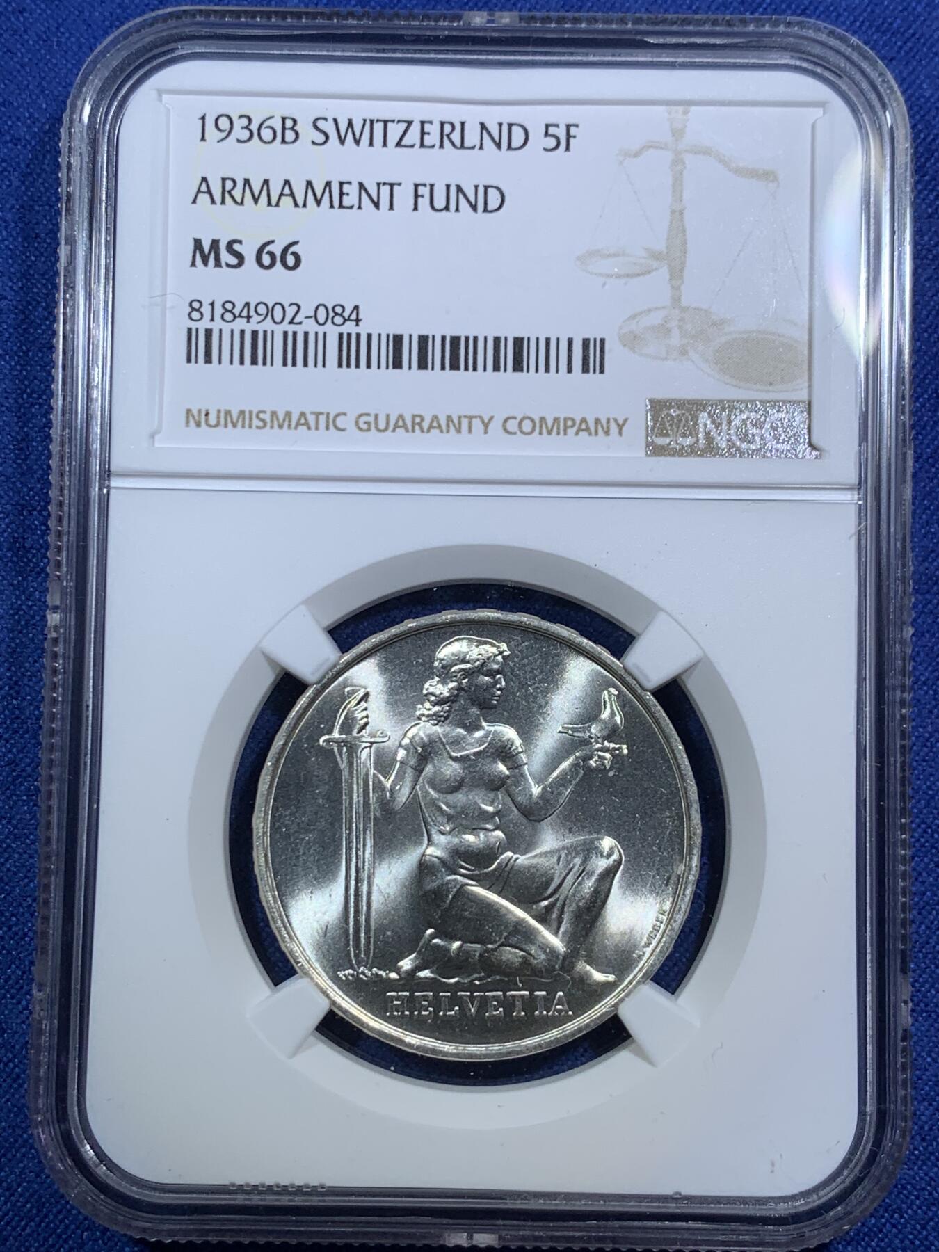 《竞宝斋》第295场- 周日，周一  2场连拍 （全场包邮） NGC MS66 瑞士1936年联邦军备基金5法郎银币