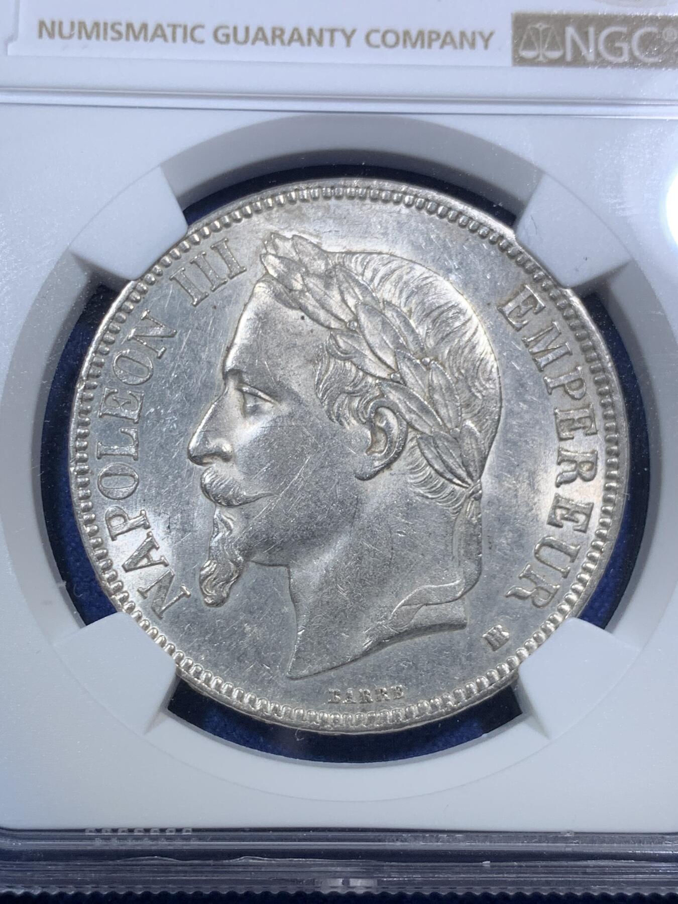 《竞宝斋》第295场- 周日，周一  2场连拍 （全场包邮） NGC UNC 法国1868年BB厂拿三5法郎银币