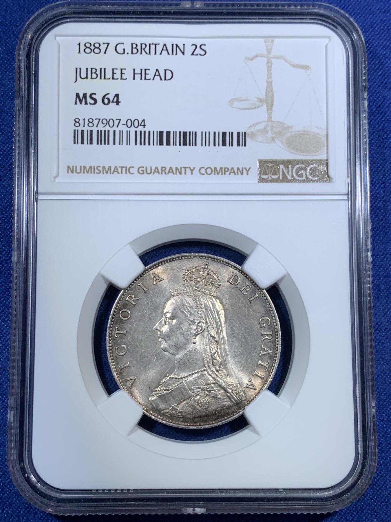 《竞宝斋》第295场- 周日，周一  2场连拍 （全场包邮） NGC MS64 1887年英国维多利亚女王1弗洛林2先令银币 高分难得 略带彩