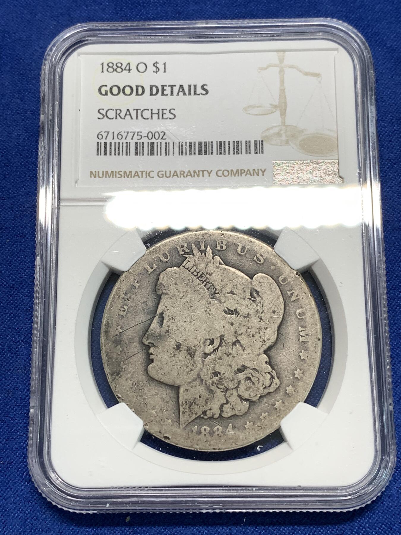 《竞宝斋》第295场- 周日，周一  2场连拍 （全场包邮） NGC G 美国1884-O摩根一元银币 少见充分流通品相，可惜严评，美国玩摩根充分流通很受欢迎