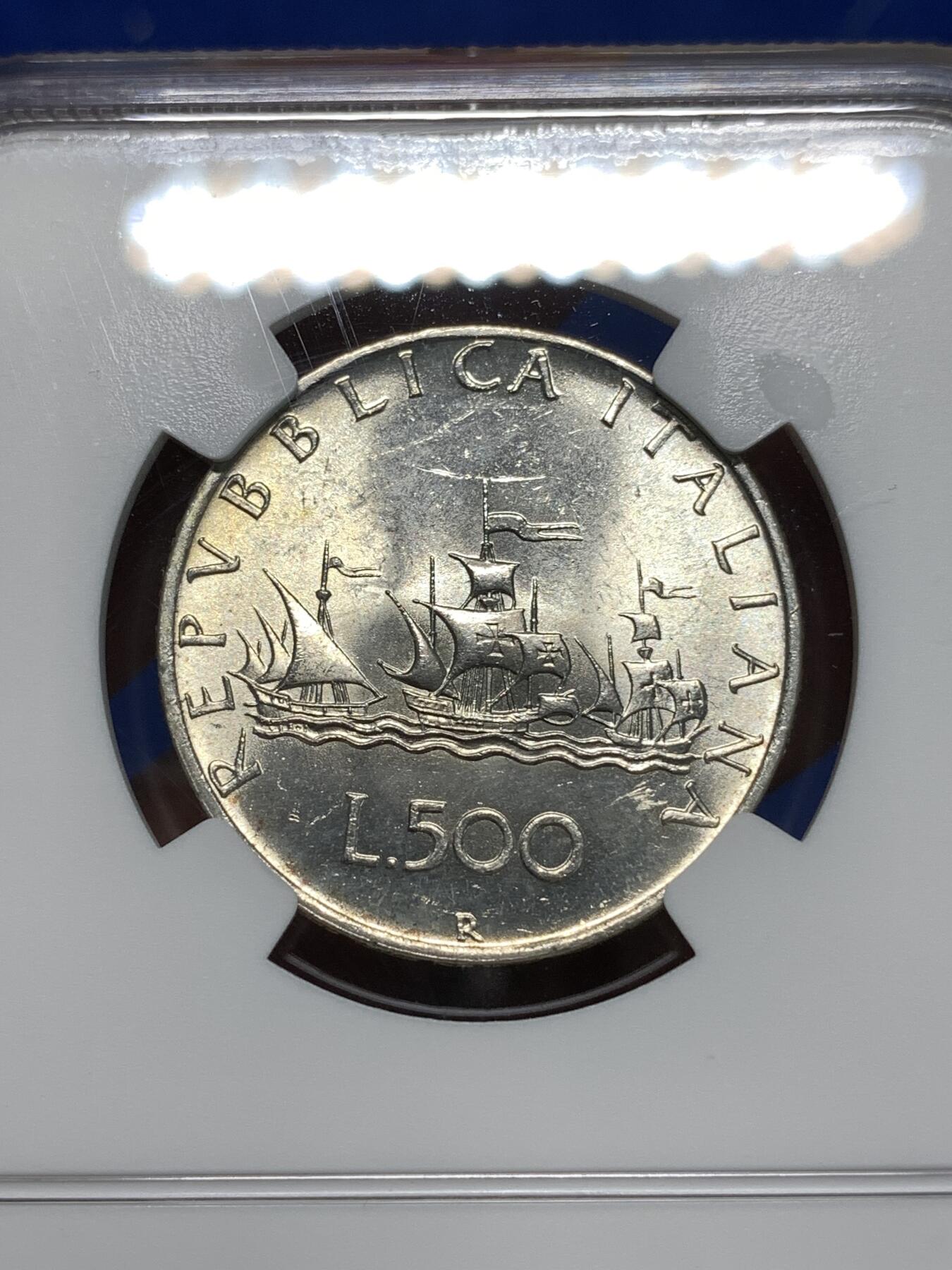 《竞宝斋》第295场- 周日，周一  2场连拍 （全场包邮） NGC MS62 原光意大利1959年帆船女神500里拉银币 设计精美 比较少见的早期年份 低评了