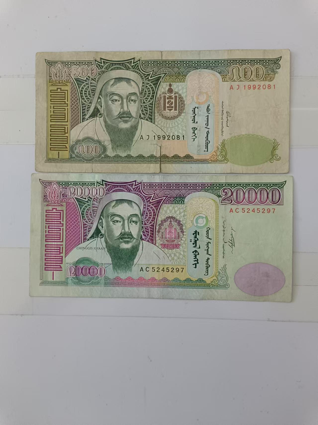 【20240811】非全新纸币第155场 蒙古2张纸币，有裂缝