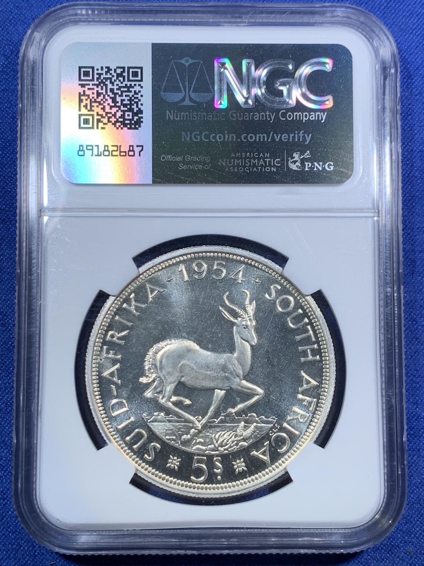 《竞宝斋》第295场- 周日，周一  2场连拍 （全场包邮） NGC PF66CAMEO 英属南非1954年伊丽莎白二世跳羚羊版5先令精制银币