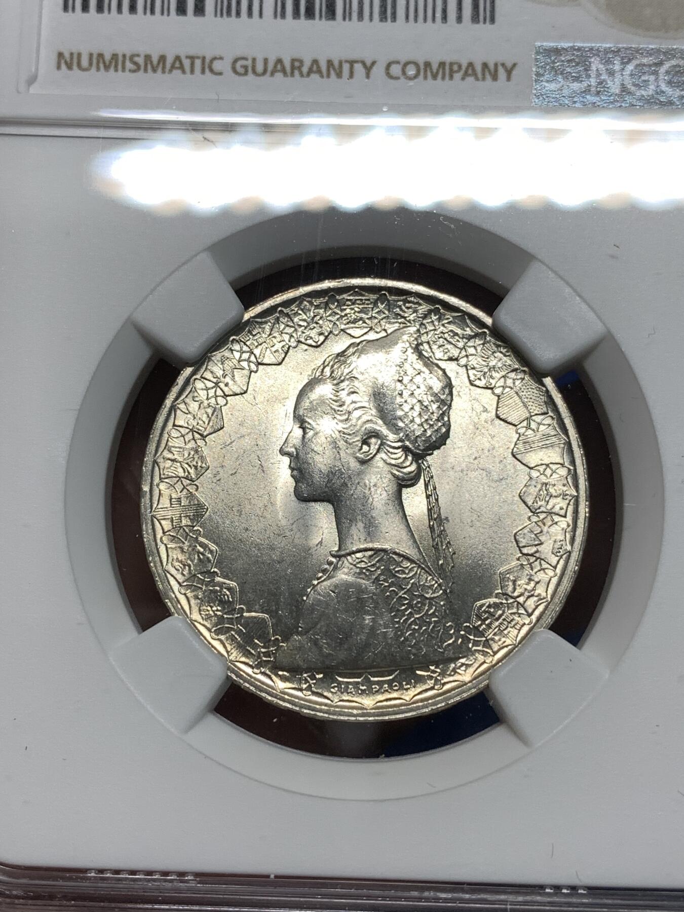 《竞宝斋》第295场- 周日，周一  2场连拍 （全场包邮） NGC MS62 原光意大利1959年帆船女神500里拉银币 设计精美 比较少见的早期年份 低评了