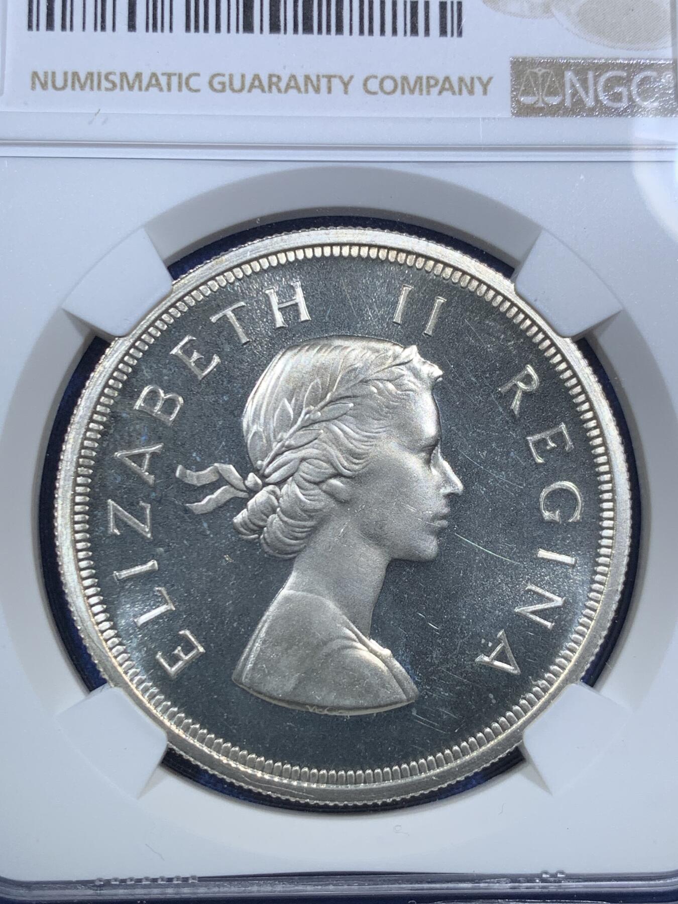 《竞宝斋》第295场- 周日，周一  2场连拍 （全场包邮） NGC PF66CAMEO 英属南非1954年伊丽莎白二世跳羚羊版5先令精制银币