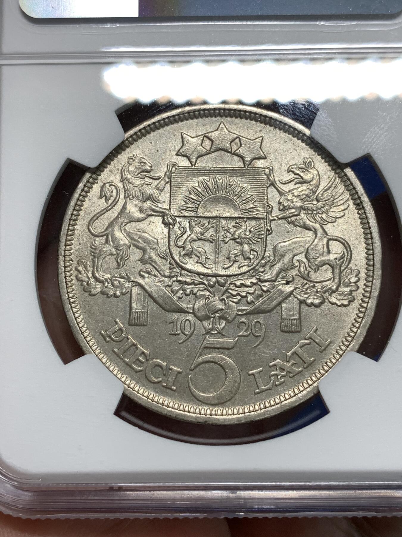 《竞宝斋》第295场- 周日，周一  2场连拍 （全场包邮） NGC UNCD 拉脱维亚1929年5L大银