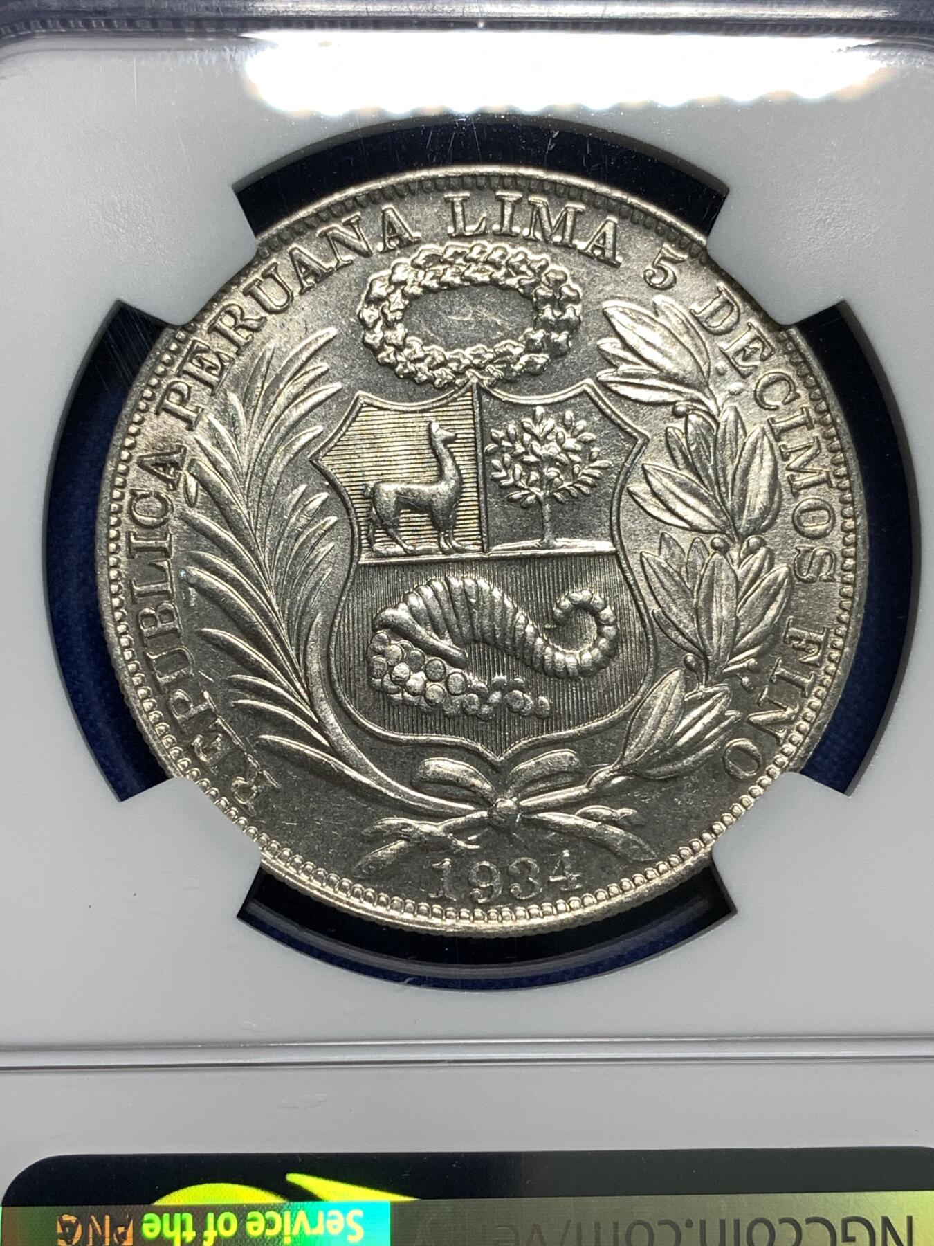 《竞宝斋》第295场- 周日，周一  2场连拍 （全场包邮） NGC MS62 秘鲁1934年坐人女神1索尔大银币 热门南美主币