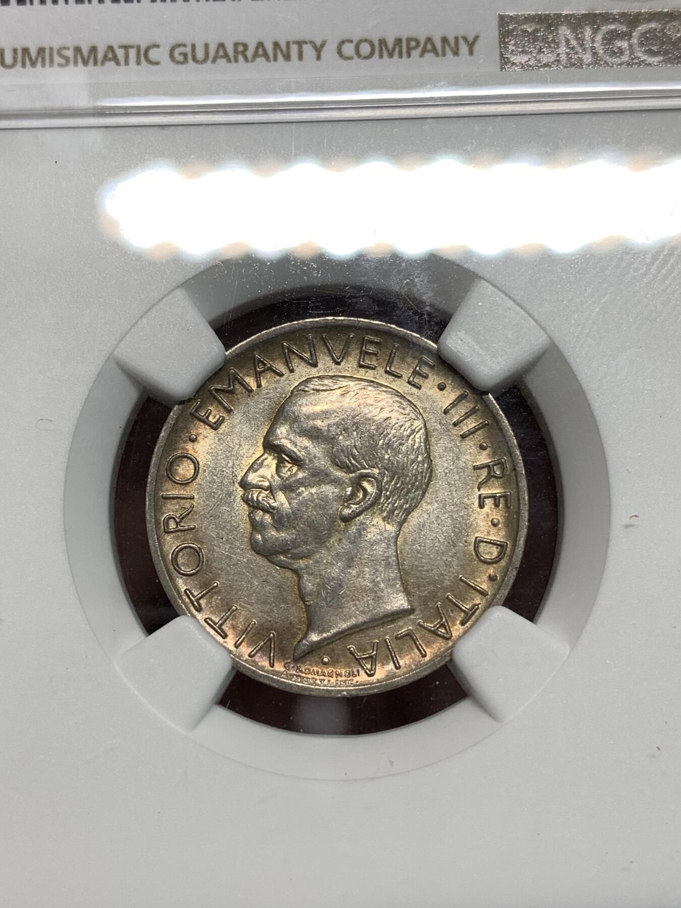 《竞宝斋》第295场- 周日，周一  2场连拍 （全场包邮） NGC AU55 意大利1929年5里拉老鹰银币