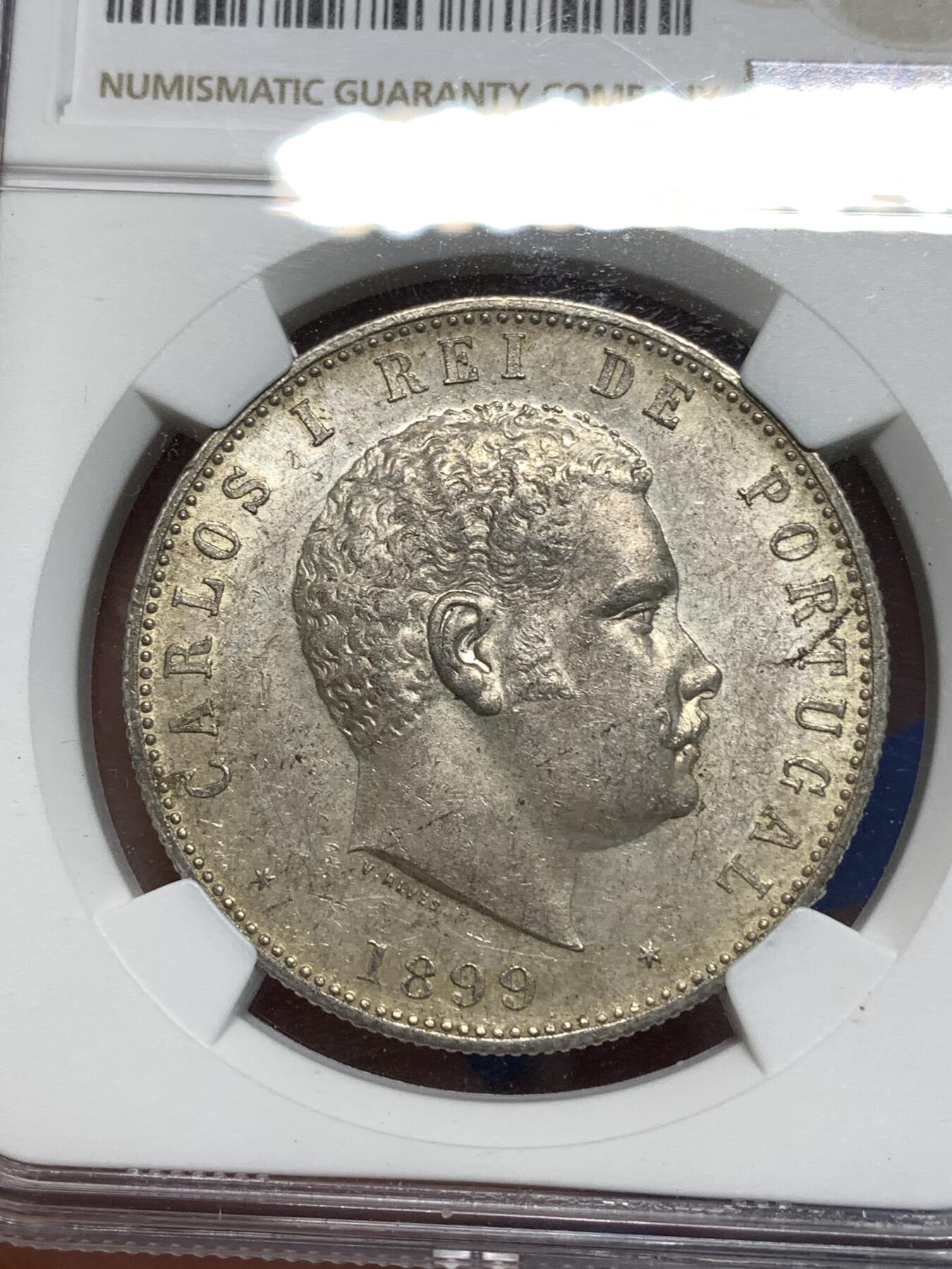 《竞宝斋》第295场- 周日，周一  2场连拍 （全场包邮） NGC UNCD 葡萄牙1899年卡洛斯一世头像1000瑞斯大银币