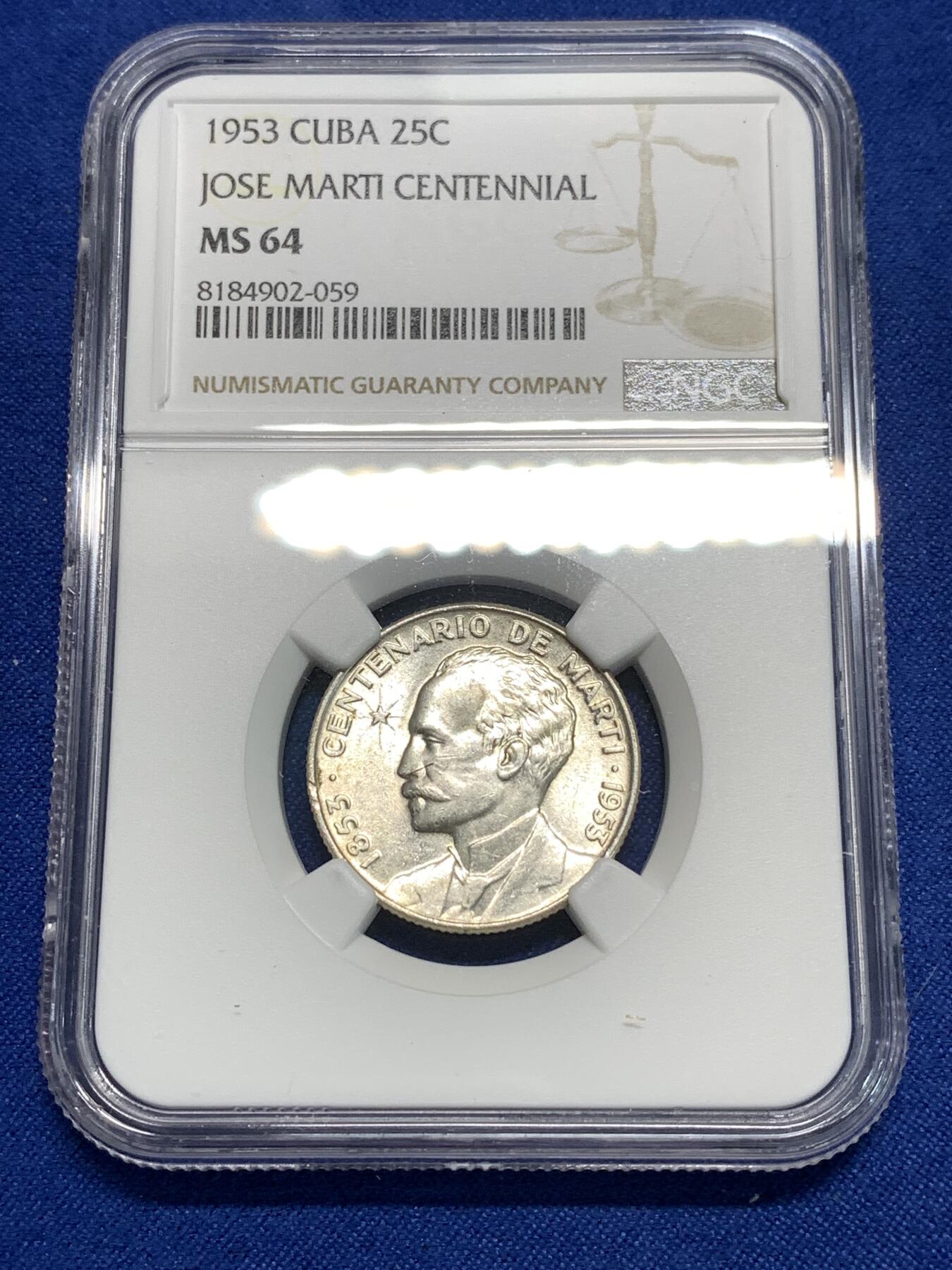 《竞宝斋》第295场- 周日，周一  2场连拍 （全场包邮） NGC MS64 古巴1953年何塞马丁百年纪念25分银币