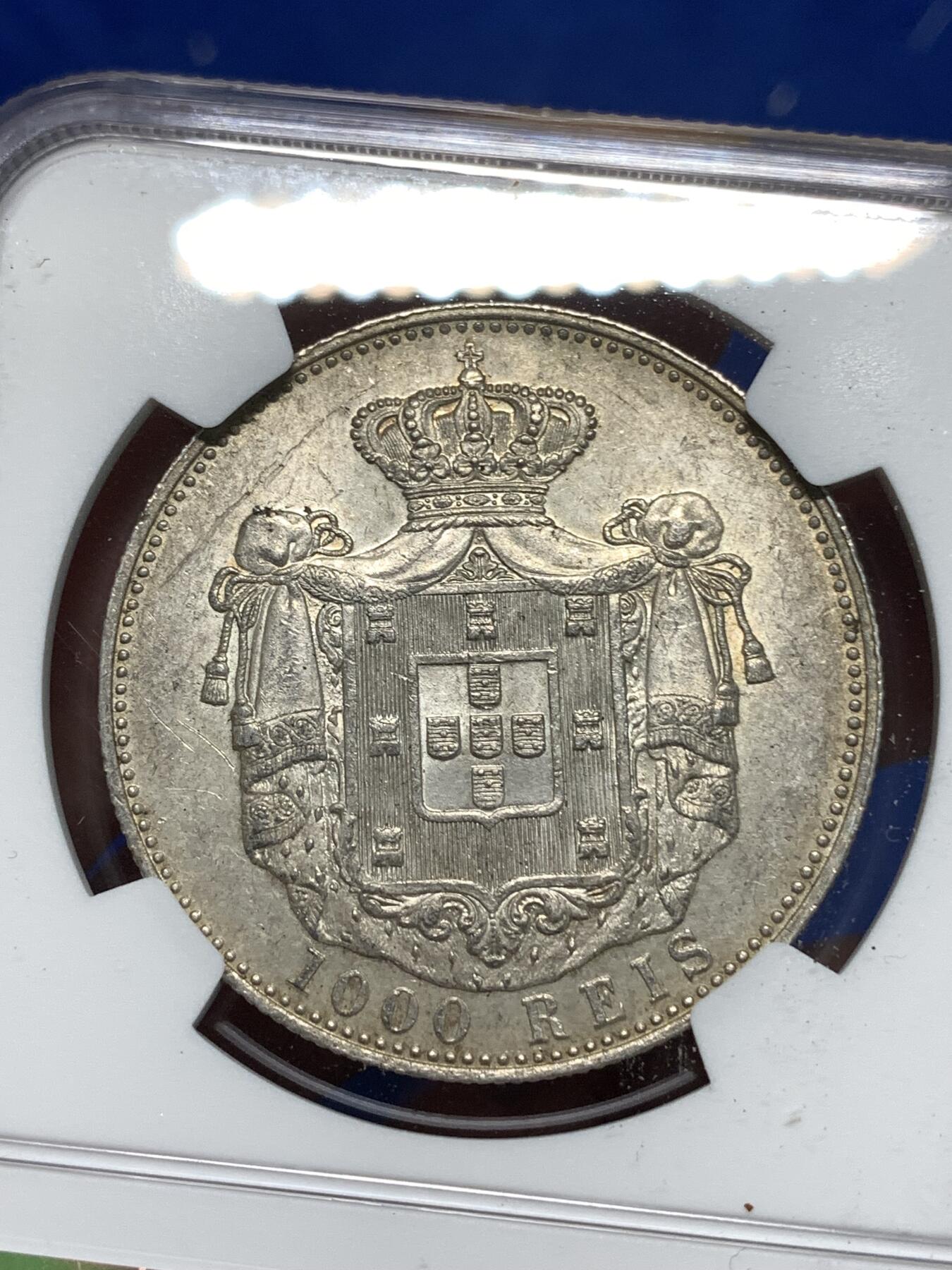 《竞宝斋》第295场- 周日，周一  2场连拍 （全场包邮） NGC UNCD 葡萄牙1899年卡洛斯一世头像1000瑞斯大银币