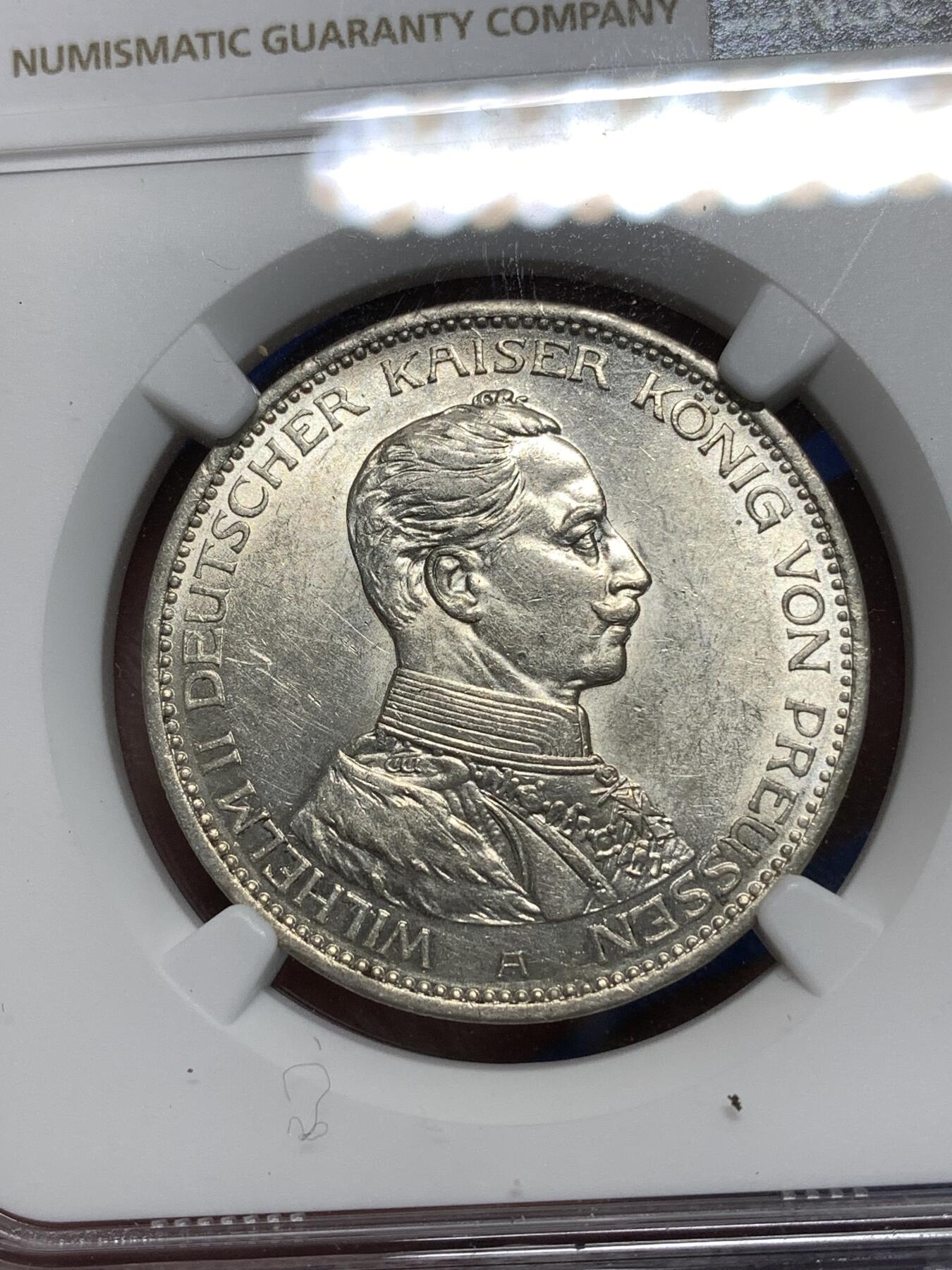 《竞宝斋》第295场- 周日，周一  2场连拍 （全场包邮） NGC AU58 德国普鲁士1914年威廉二世军装3马克银币