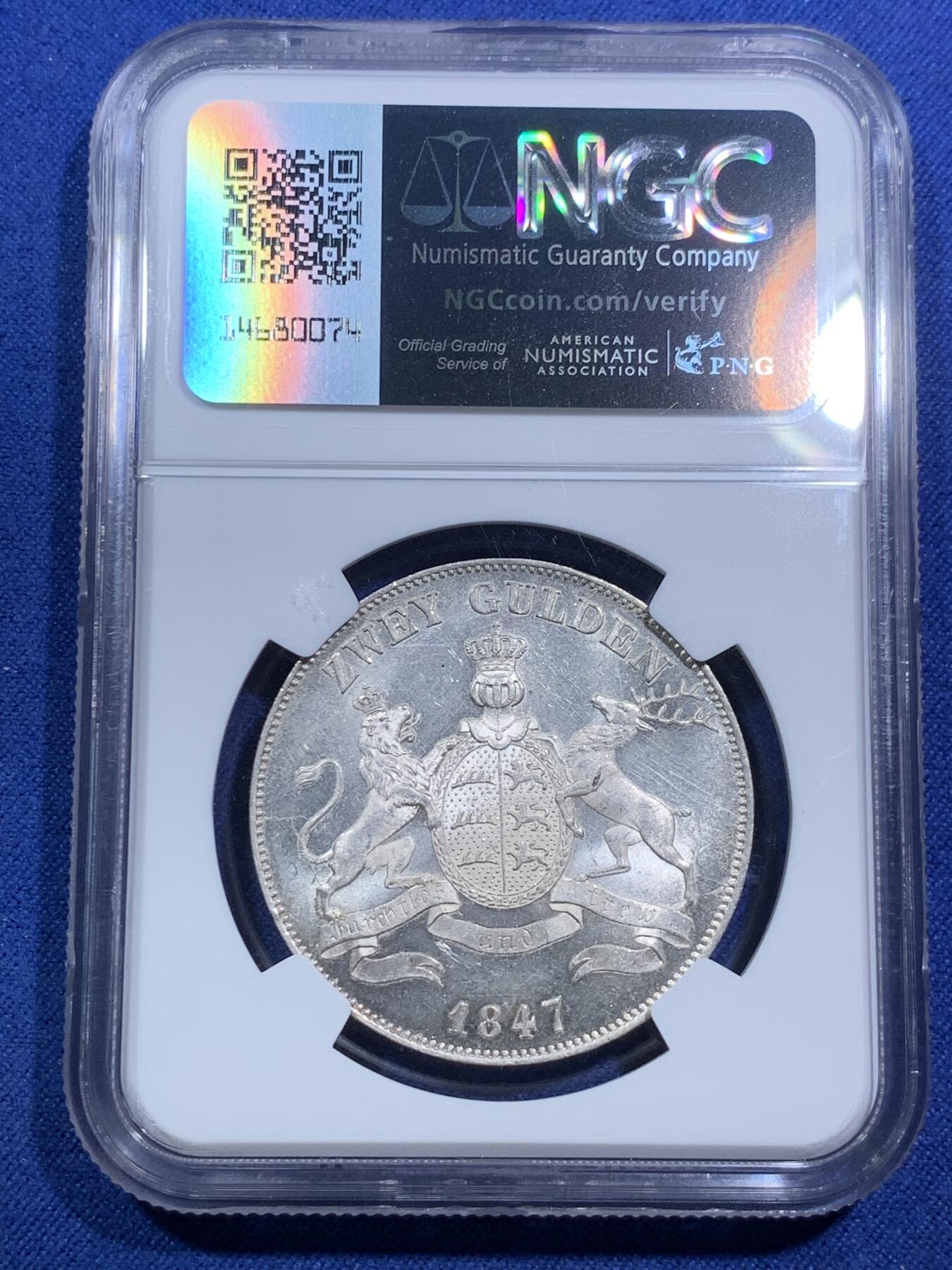 《竞宝斋》第295场- 周日，周一  2场连拍 （全场包邮） 唯一亚军分 NGC MS63 德国1847年符腾堡鹿狮2盾银币 转光狮子 顶级状态