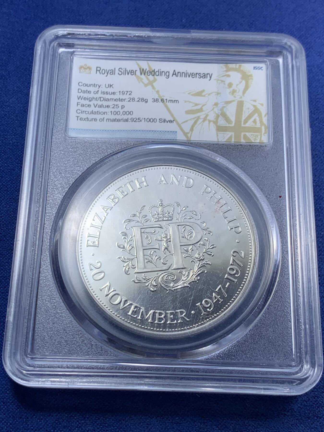 《竞宝斋》第295场- 周日，周一  2场连拍 （全场包邮） 1972年 英国 25分 皇家银婚周年纪念 发行数量：10万枚 银0.925 28.28克