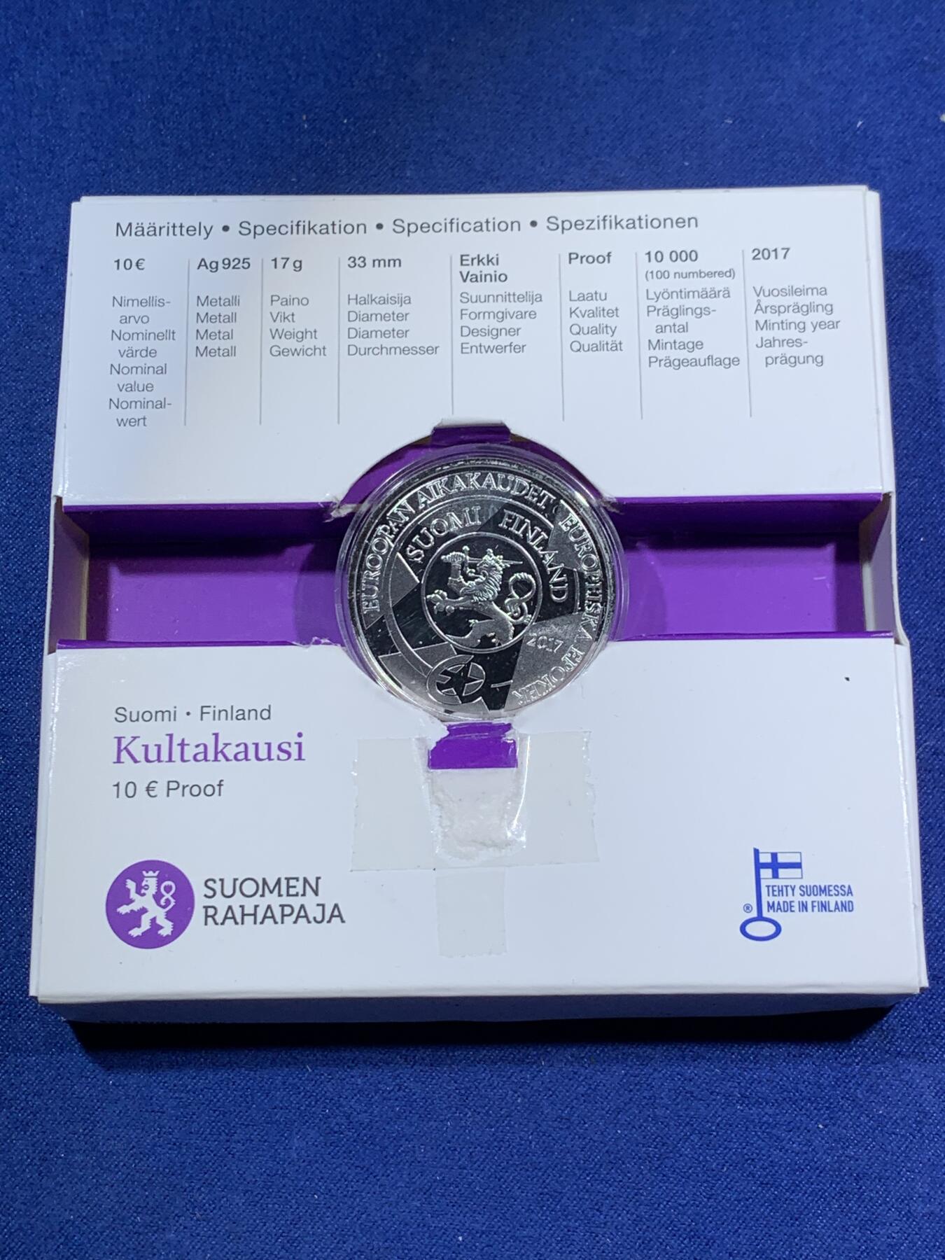 《竞宝斋》第295场- 周日，周一  2场连拍 （全场包邮） 欧洲之星 2007年 芬兰 10欧元 黄金时代 发行数量：10000  银0.925 17克 （内纸盒损坏）