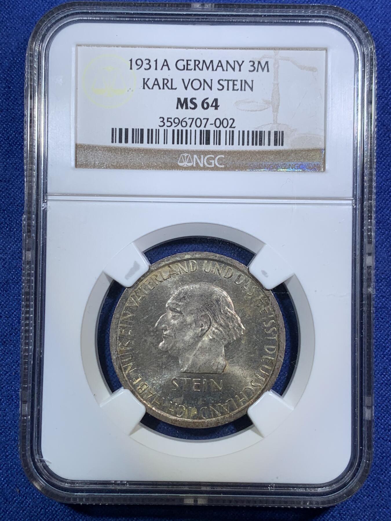 《竞宝斋》第295场- 周日，周一  2场连拍 （全场包邮） NGC MS64 魏玛德国1931年A版斯坦因3马克银币少见
