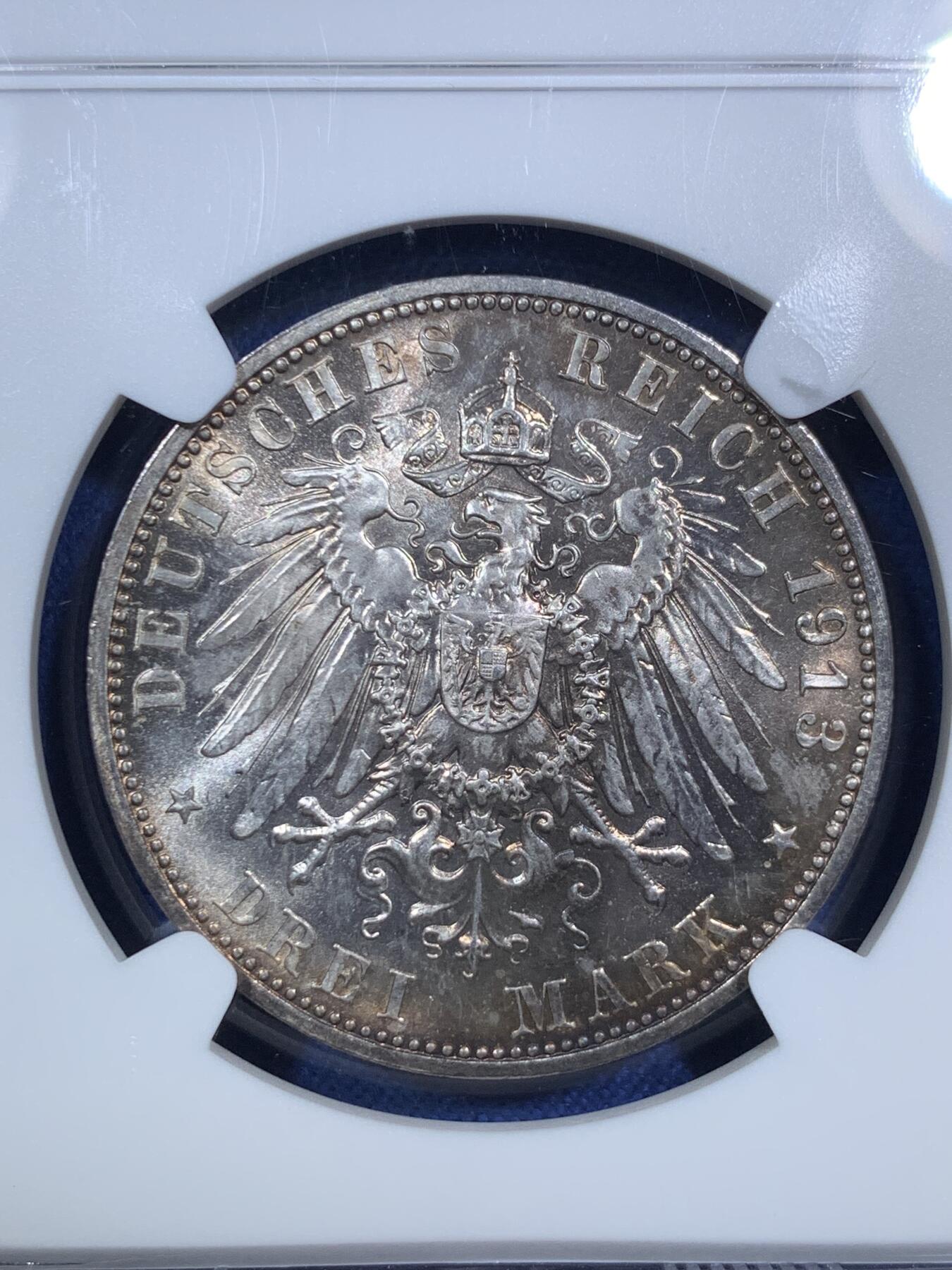 《竞宝斋》第295场- 周日，周一  2场连拍 （全场包邮） NGC MS64 德国萨克森1913年莱比锡建功碑3马克银币 漂亮的五彩包浆